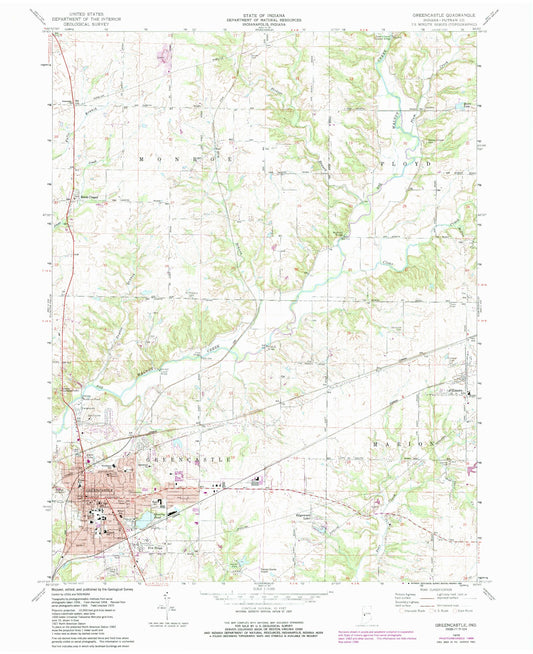 Classic USGS Greencastle Indiana 7.5'x7.5' Topo Map Image