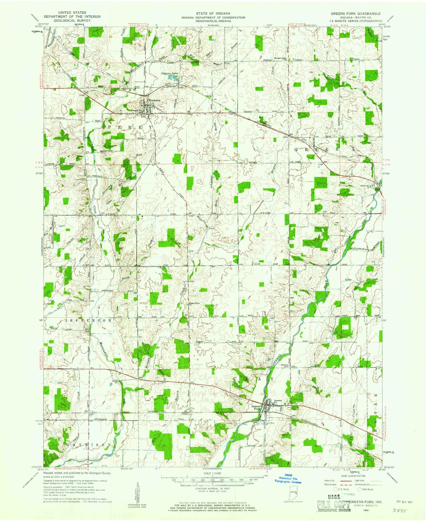 Classic USGS Greens Fork Indiana 7.5'x7.5' Topo Map Image