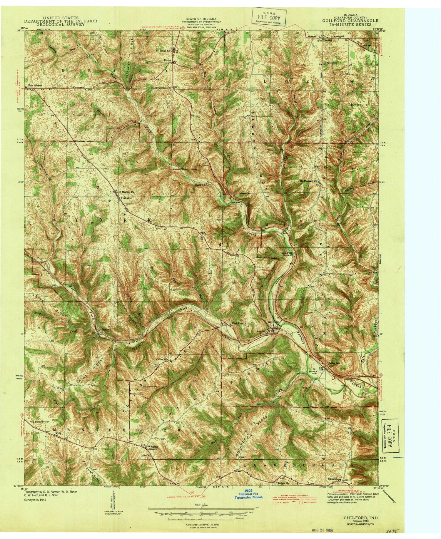 Classic USGS Guilford Indiana 7.5'x7.5' Topo Map Image