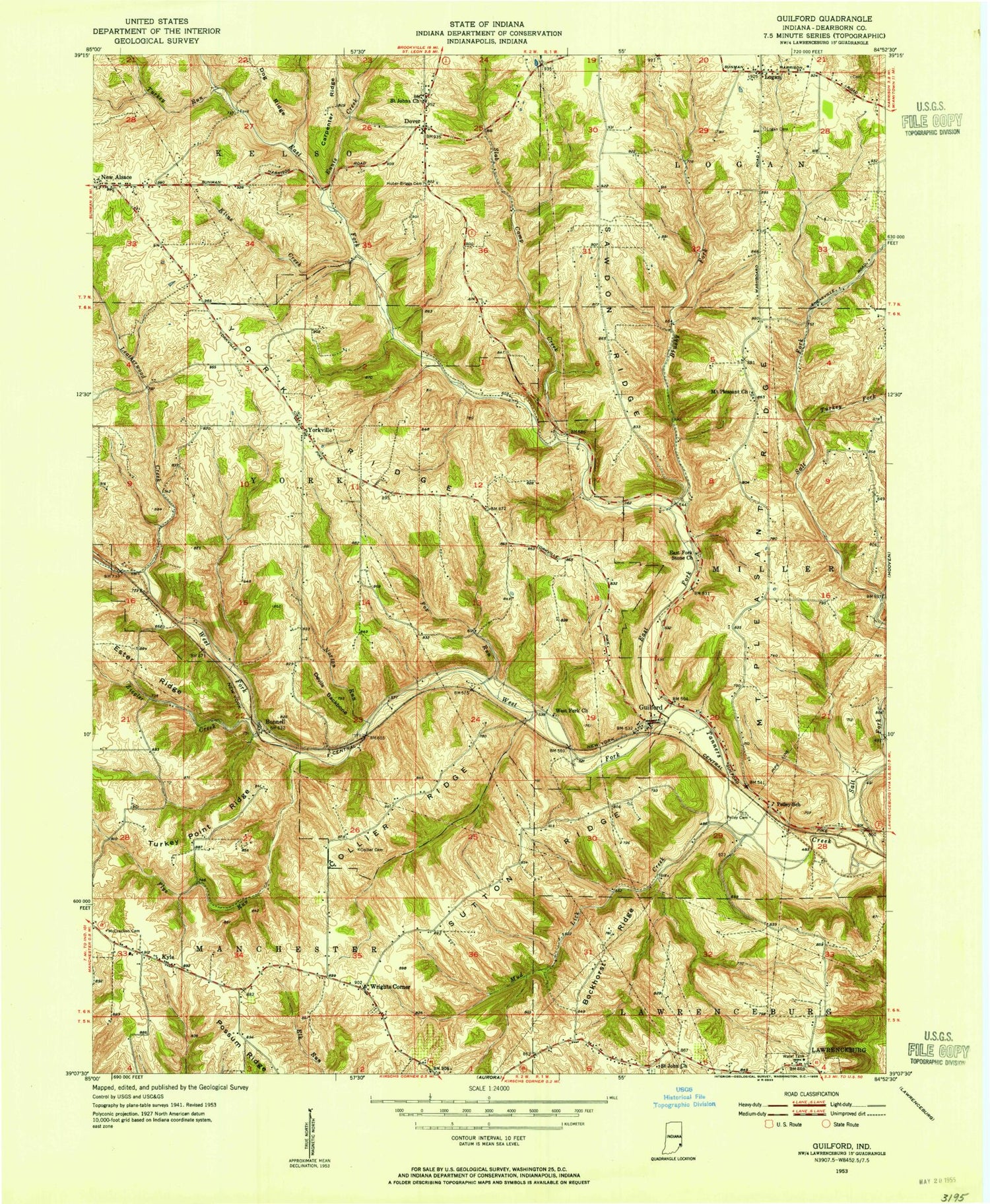 Classic USGS Guilford Indiana 7.5'x7.5' Topo Map Image