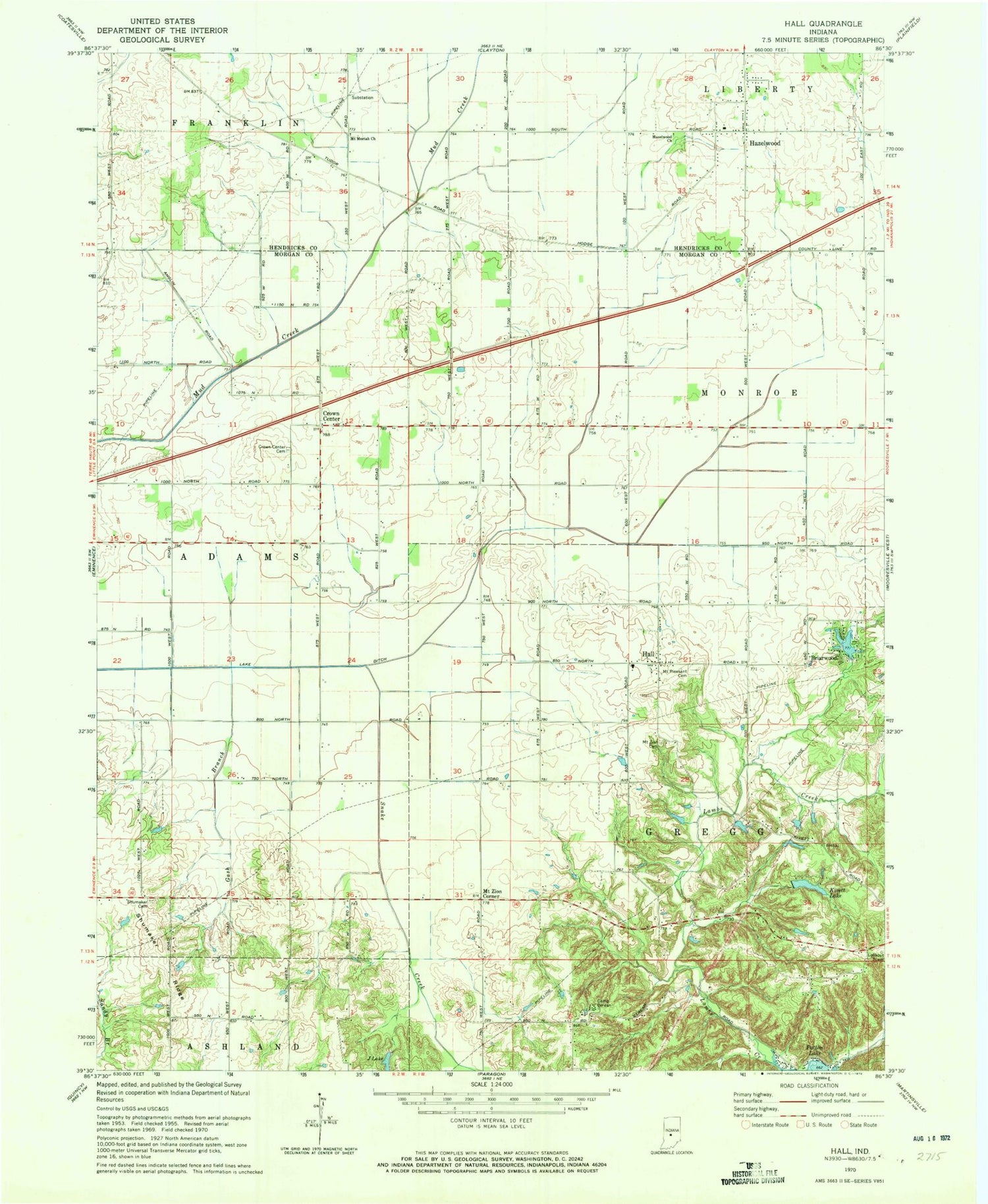 Classic USGS Hall Indiana 7.5'x7.5' Topo Map Image