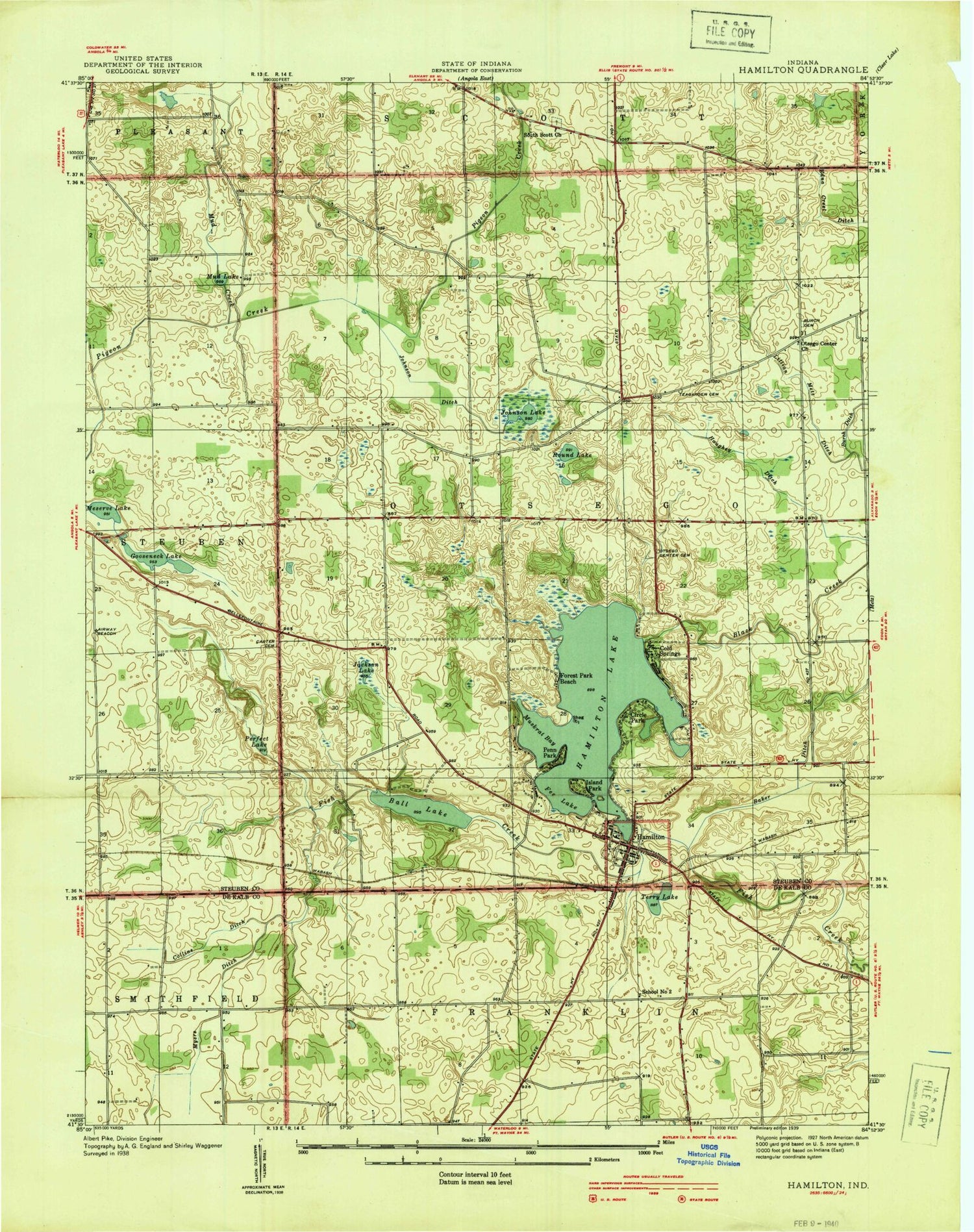 Classic USGS Hamilton Indiana 7.5'x7.5' Topo Map Image