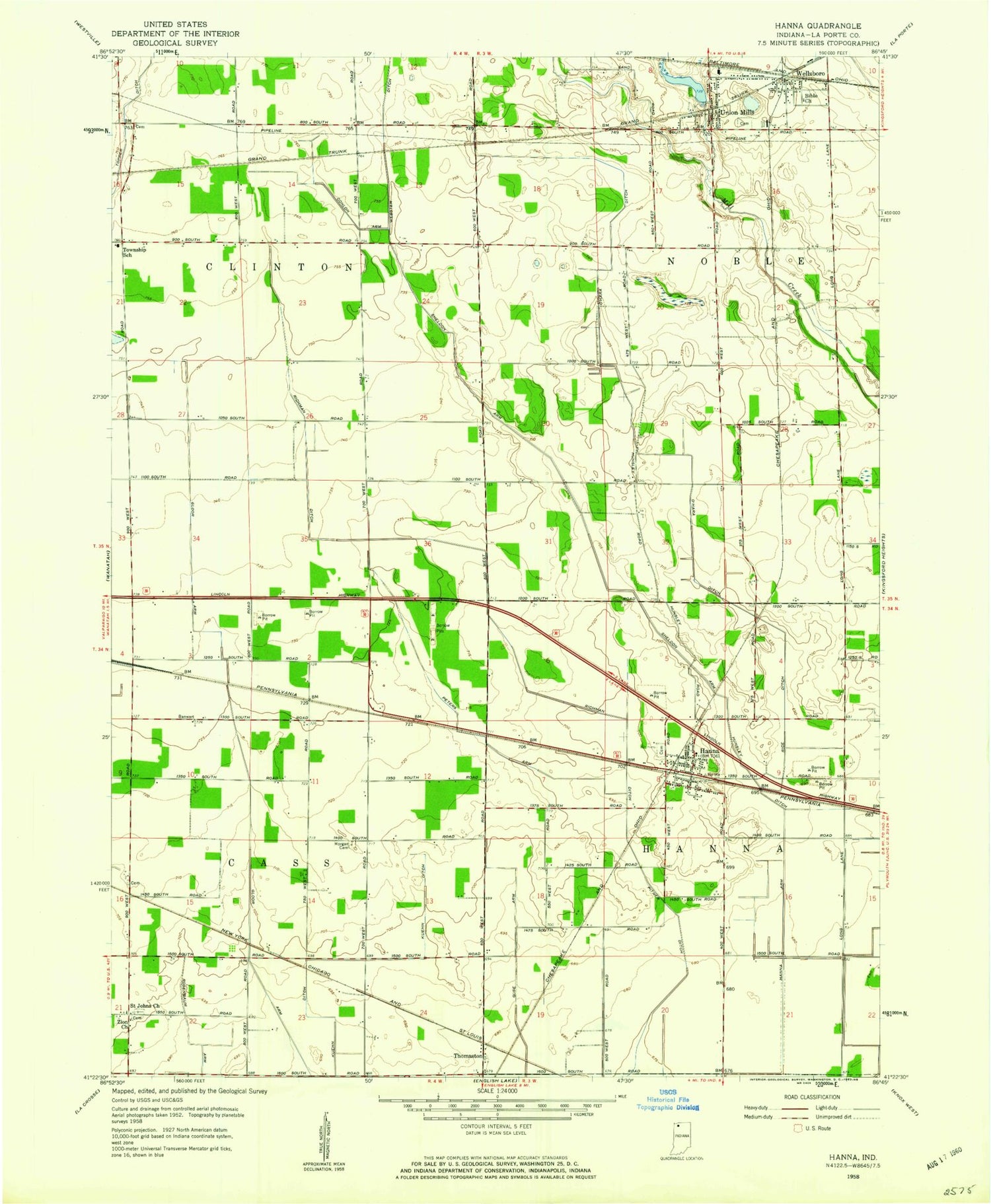 Classic USGS Hanna Indiana 7.5'x7.5' Topo Map Image