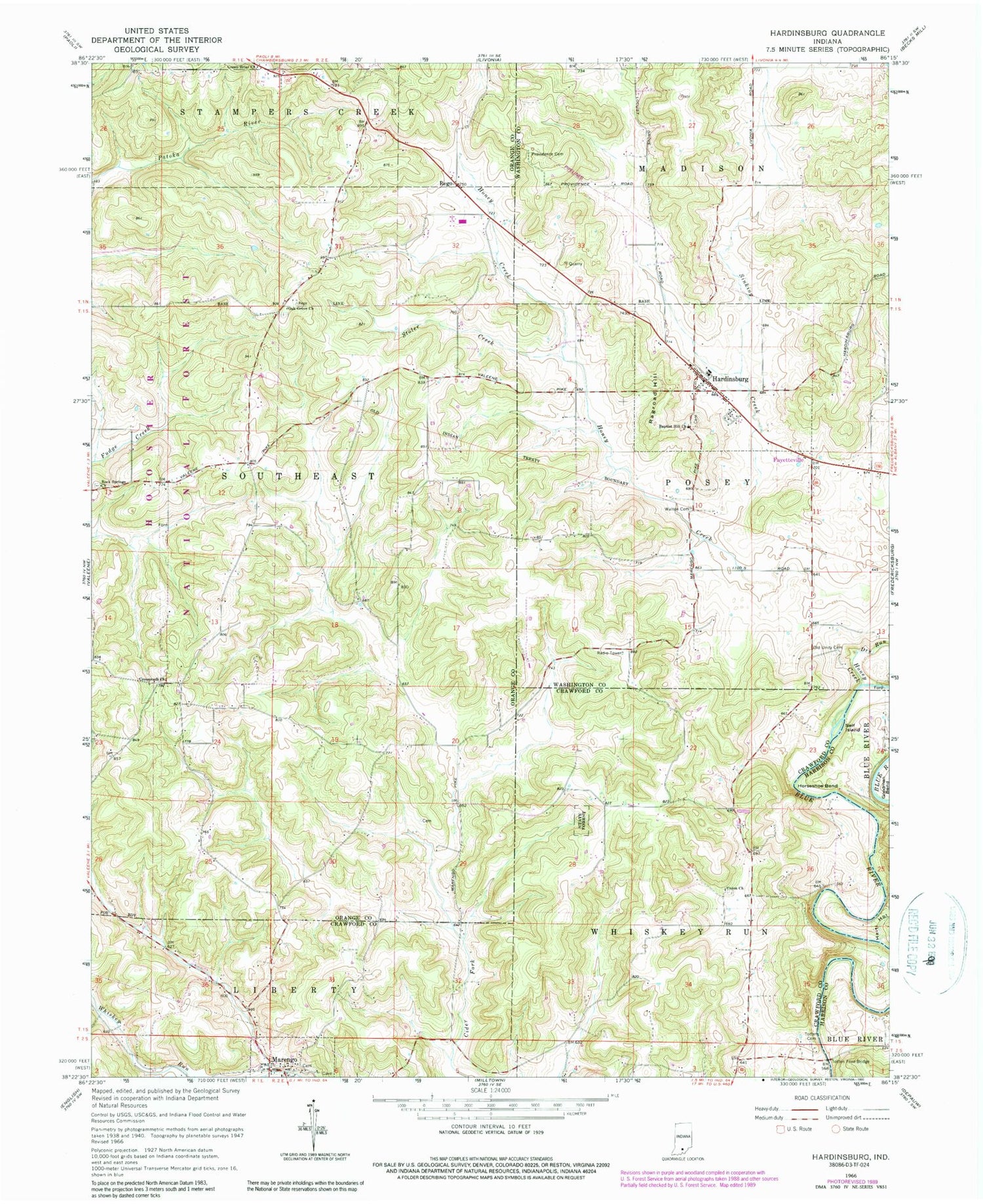 Classic USGS Hardinsburg Indiana 7.5'x7.5' Topo Map Image