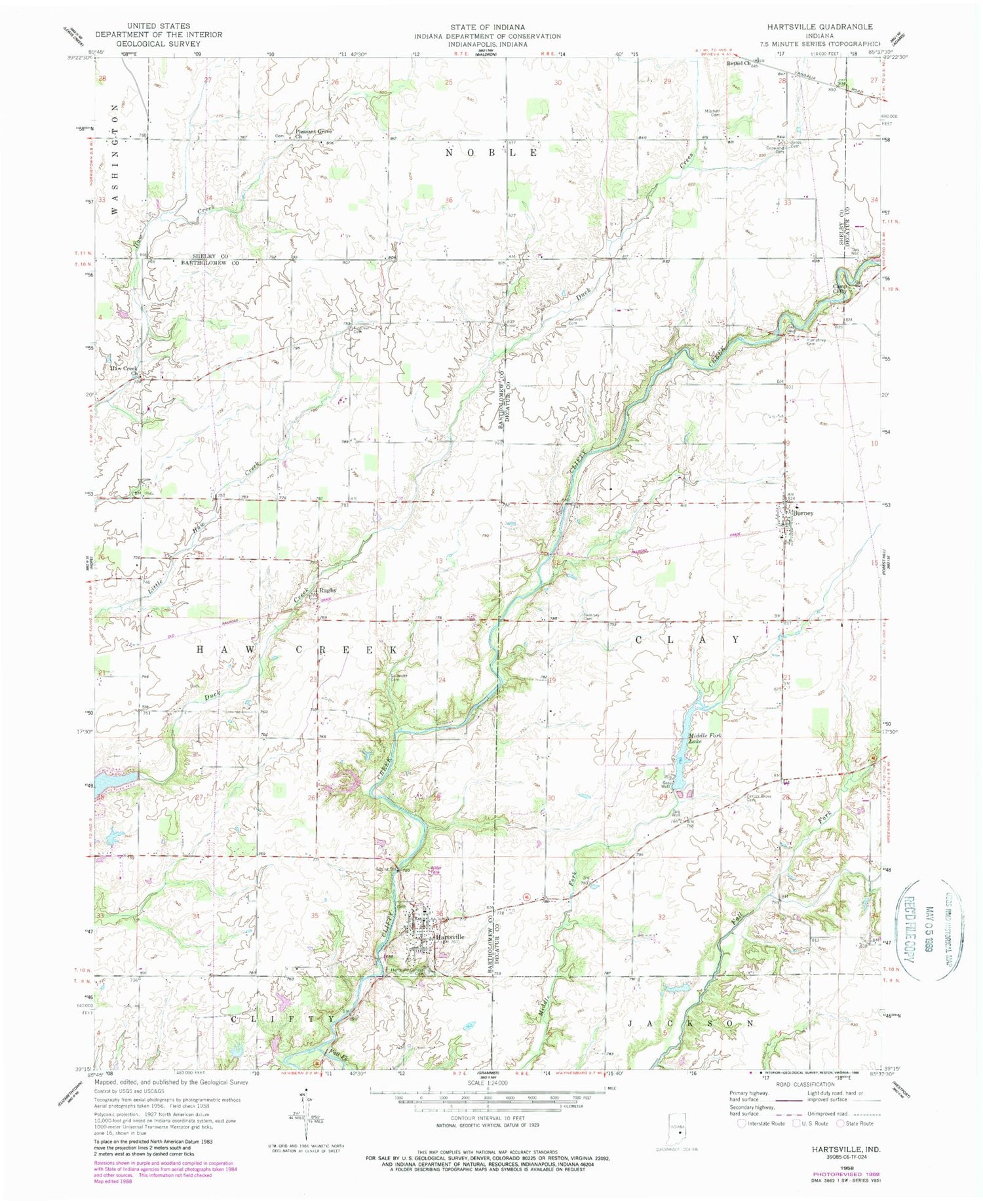 Classic USGS Hartsville Indiana 7.5'x7.5' Topo Map Image