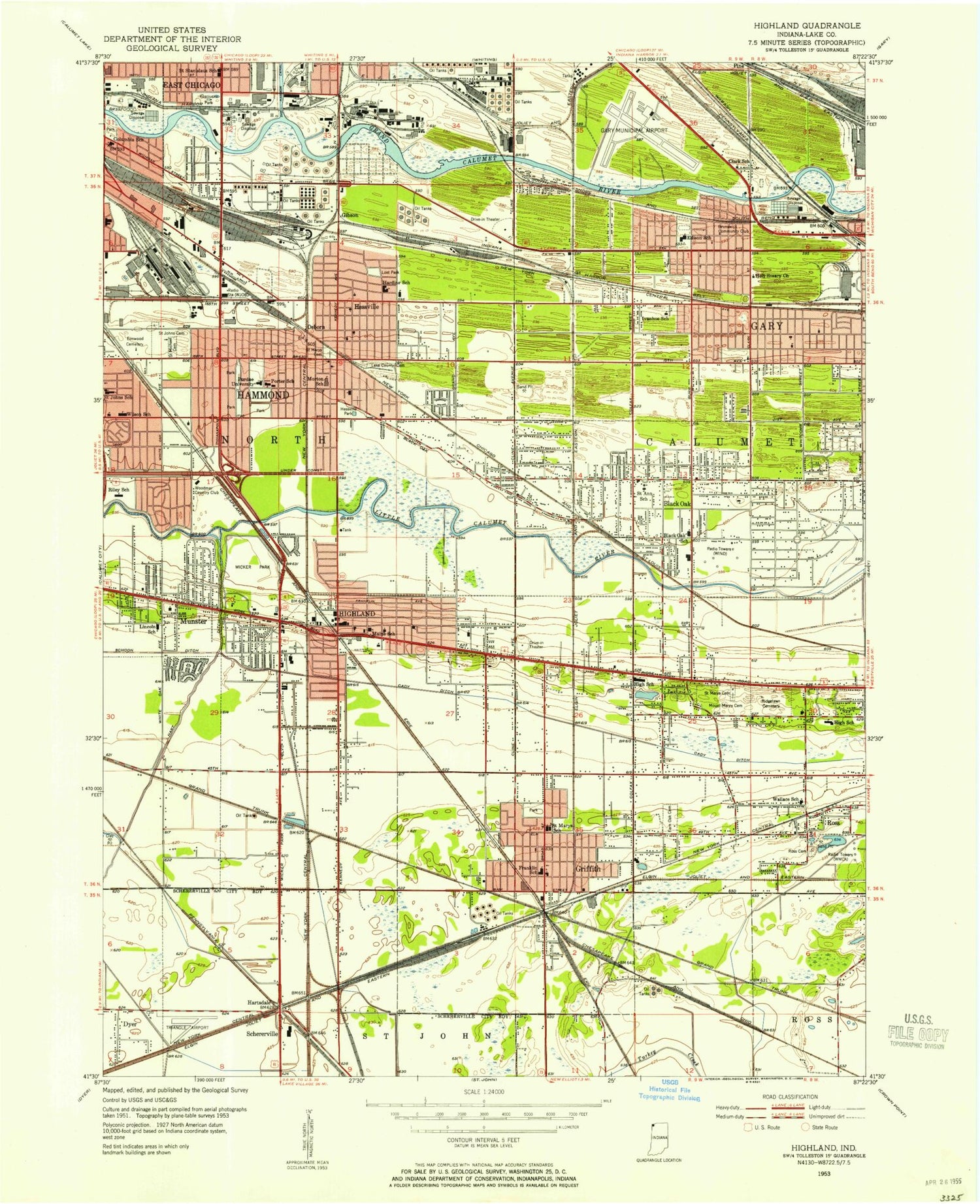 Classic USGS Highland Indiana 7.5'x7.5' Topo Map Image