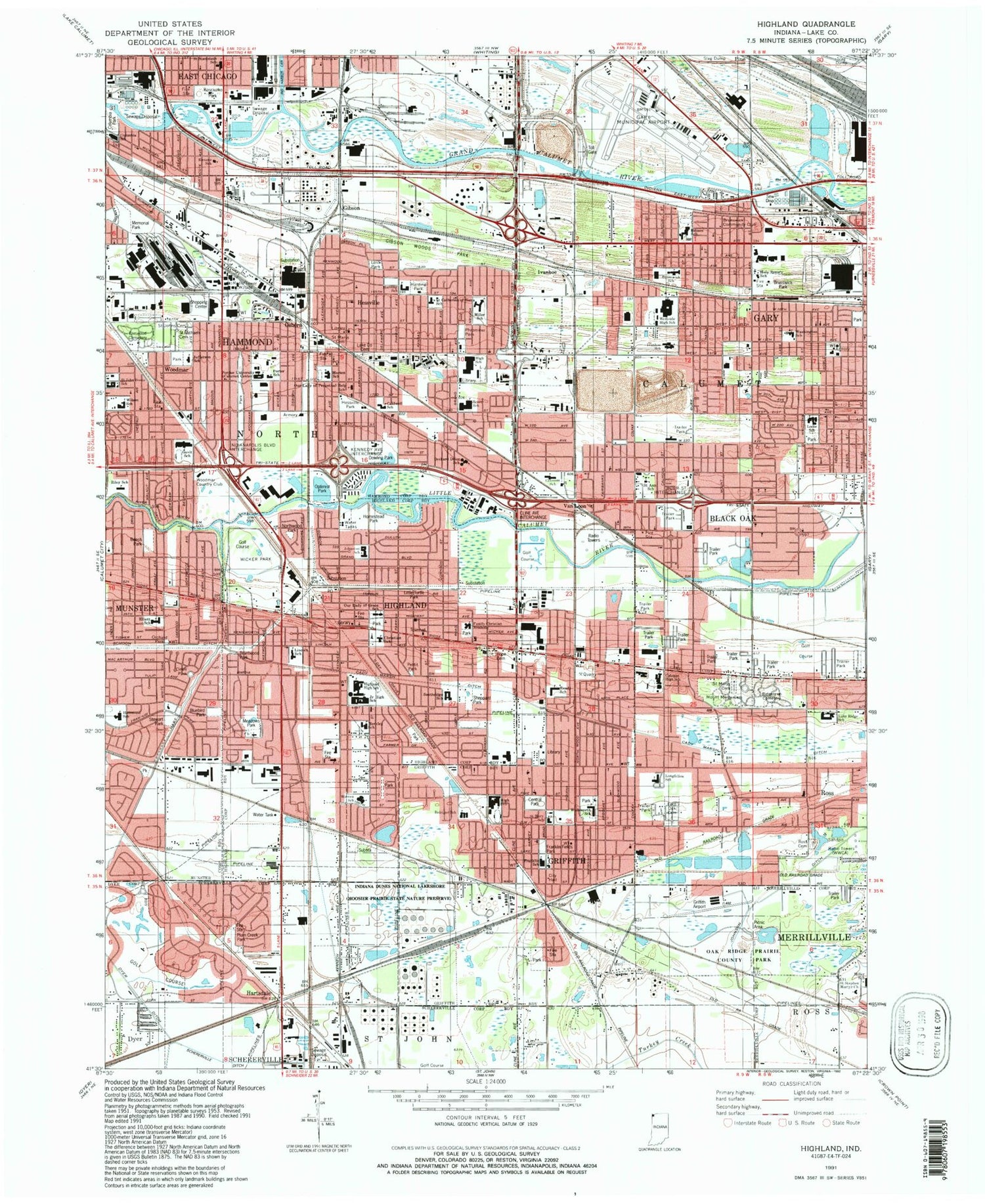 Classic USGS Highland Indiana 7.5'x7.5' Topo Map Image