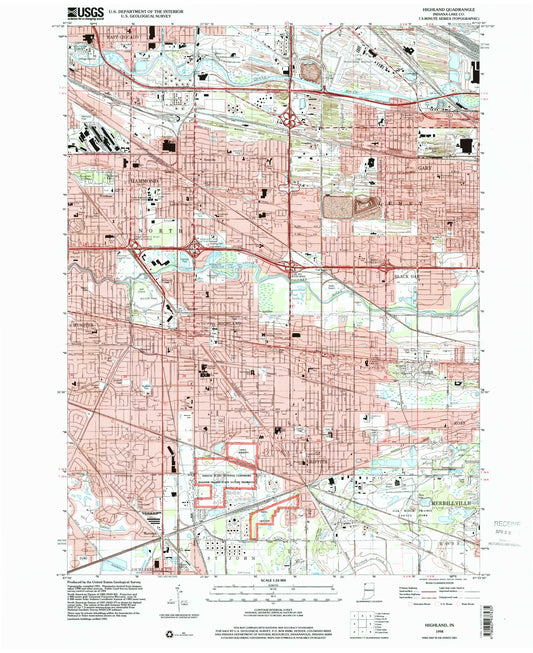 Classic USGS Highland Indiana 7.5'x7.5' Topo Map Image