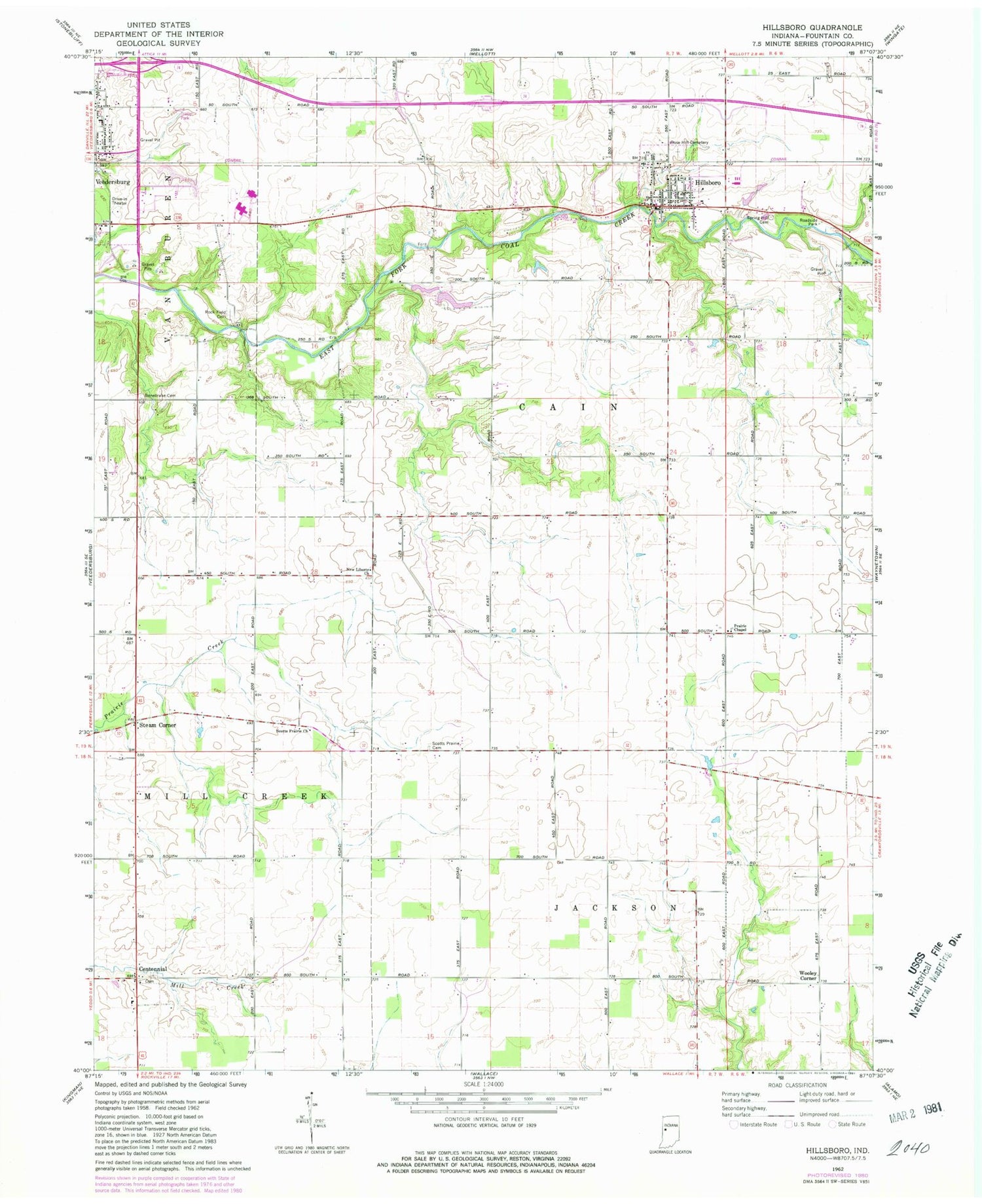 Classic USGS Hillsboro Indiana 7.5'x7.5' Topo Map Image