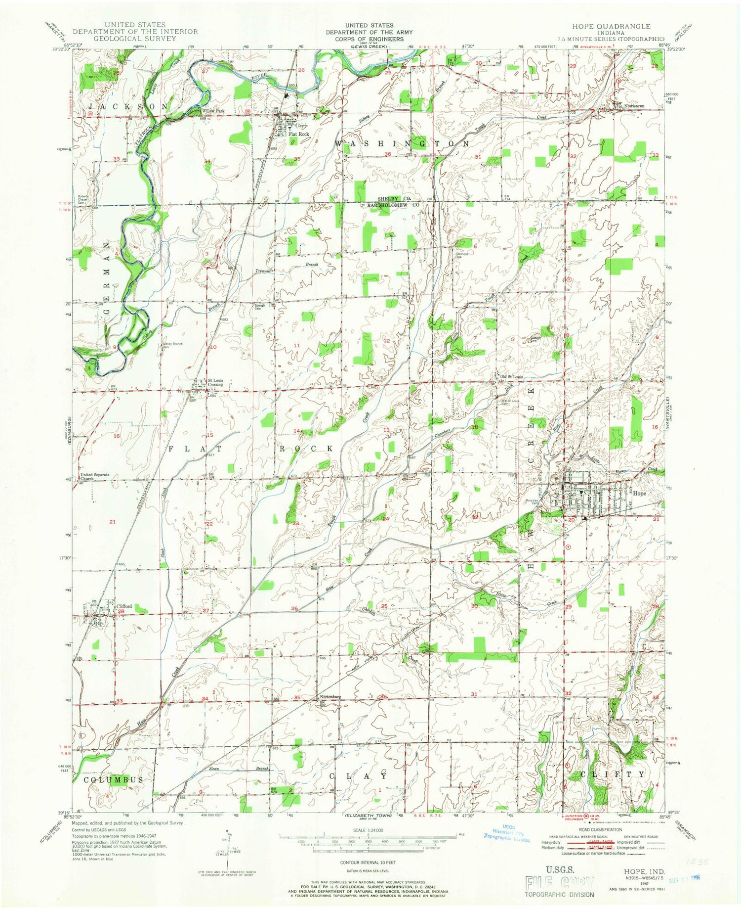 Classic USGS Hope Indiana 7.5'x7.5' Topo Map Image