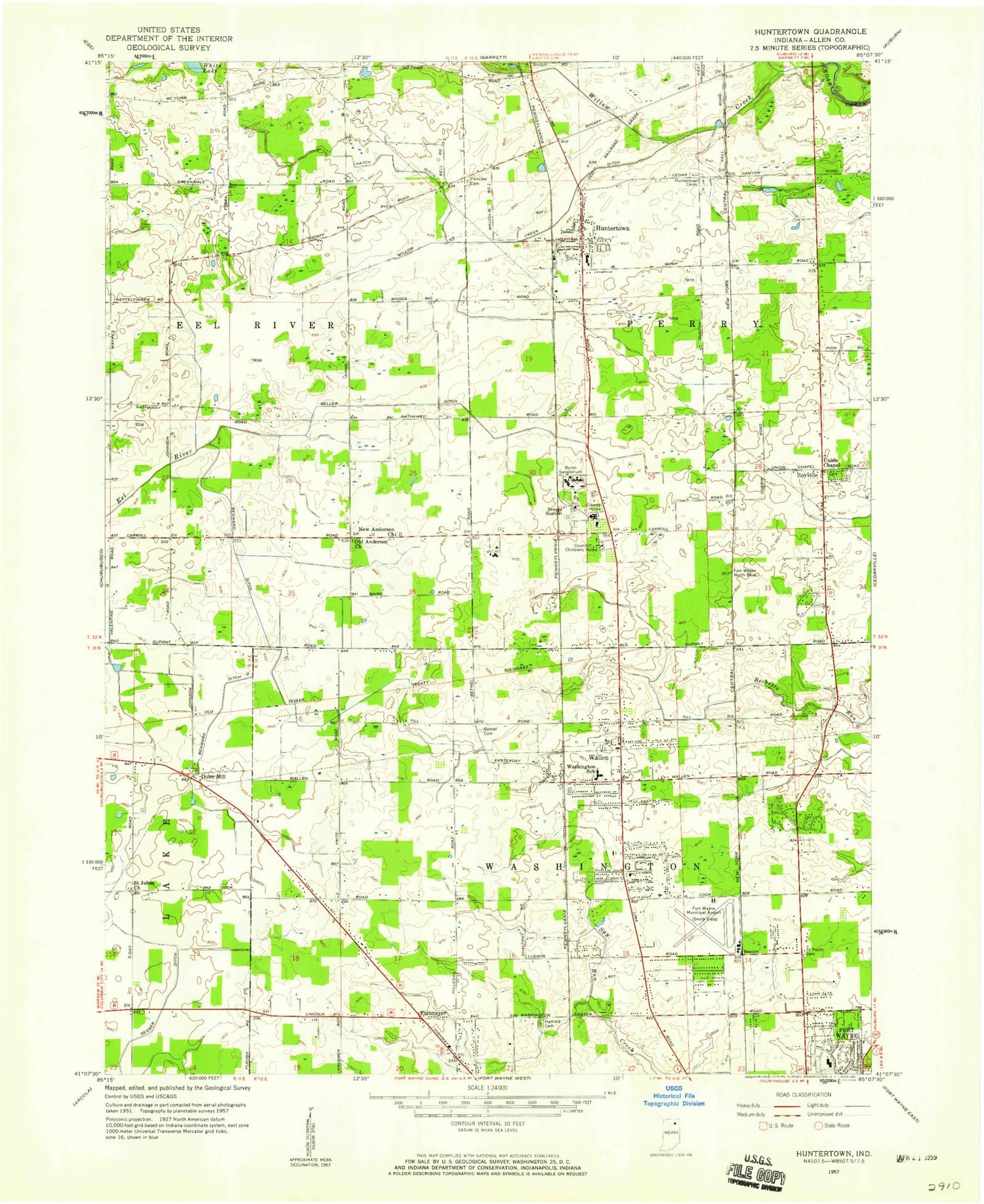 Classic USGS Huntertown Indiana 7.5'x7.5' Topo Map Image