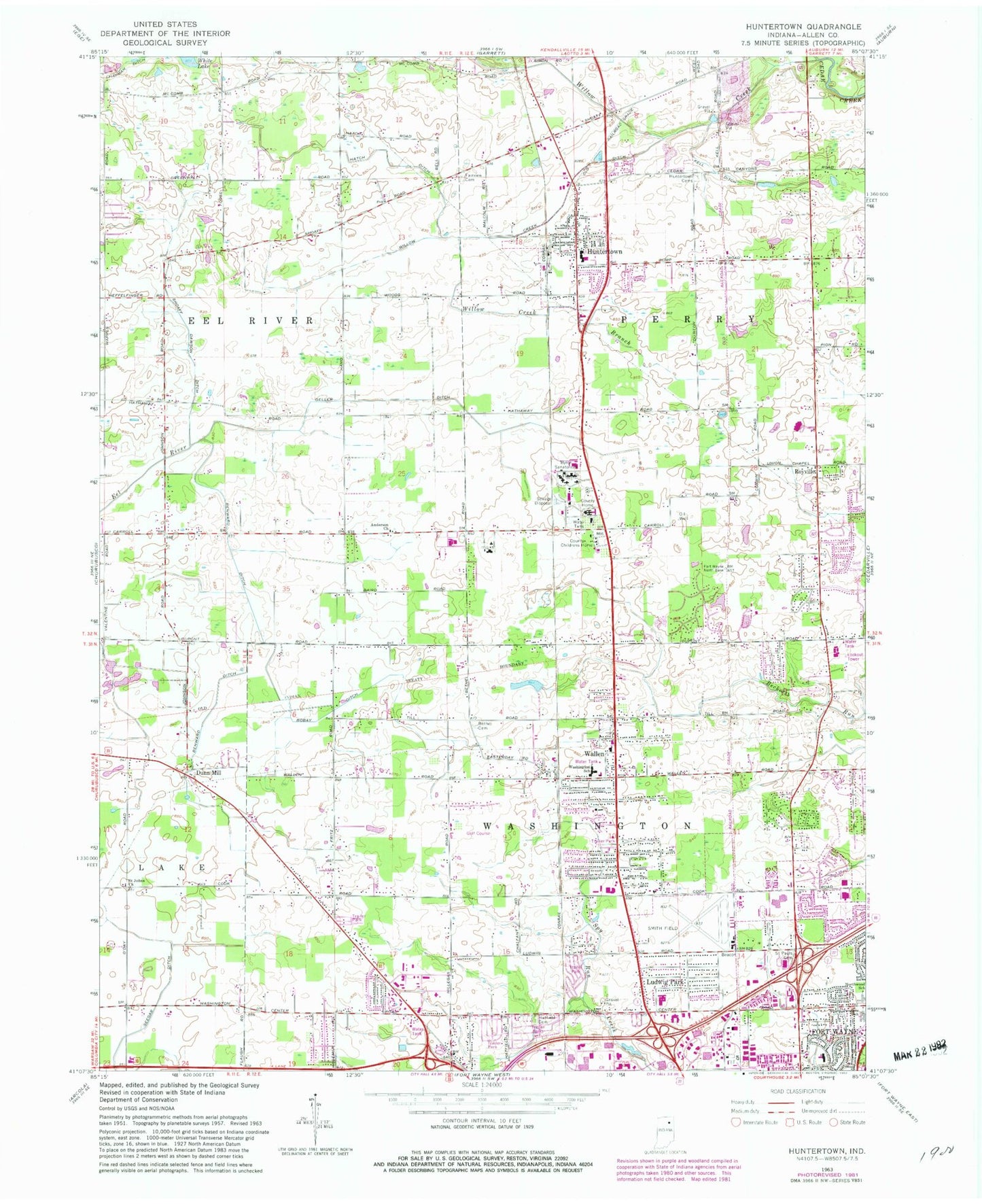 Classic USGS Huntertown Indiana 7.5'x7.5' Topo Map Image