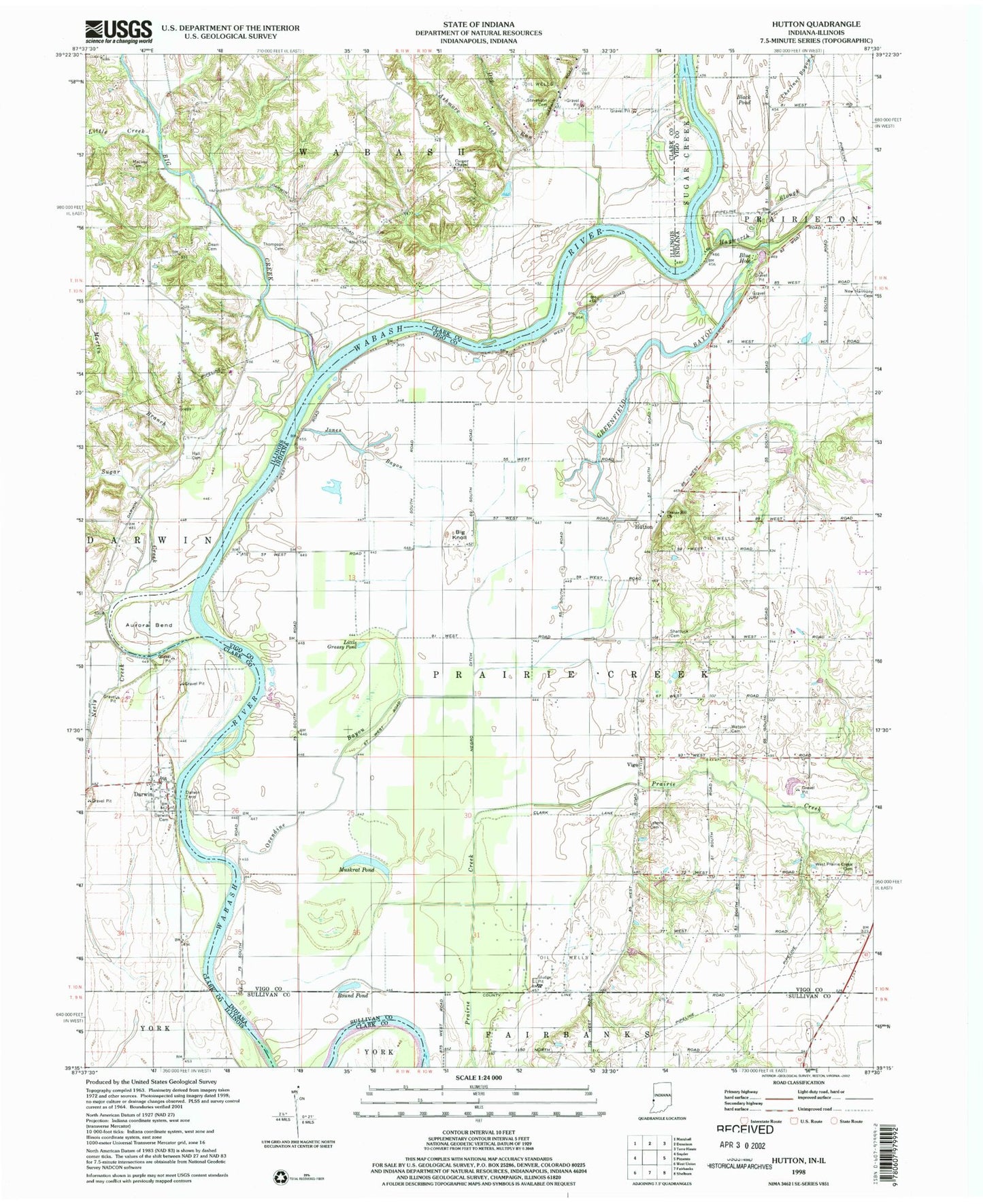Classic USGS Hutton Indiana 7.5'x7.5' Topo Map Image