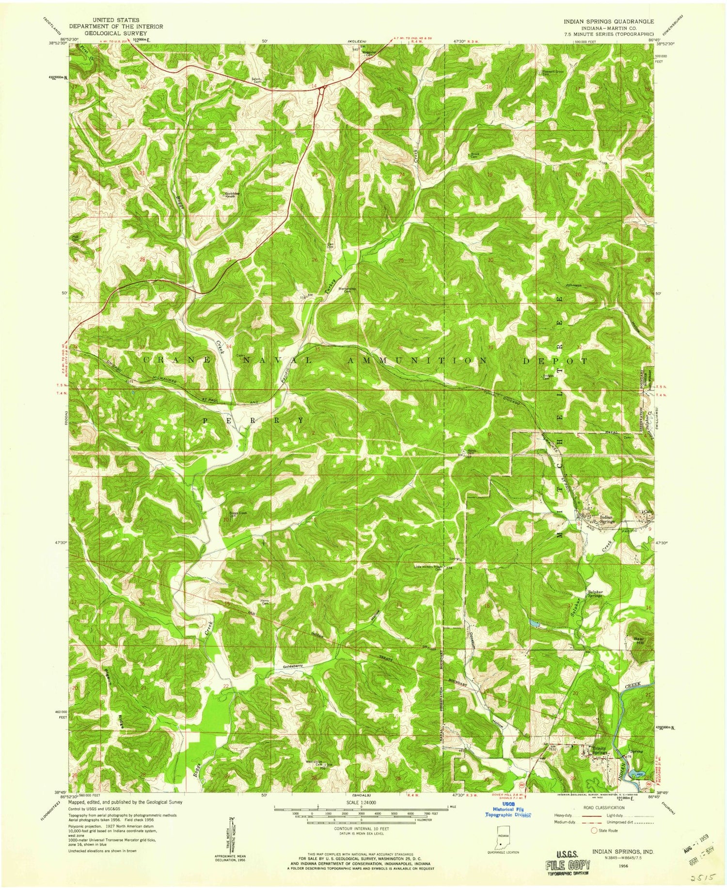 Classic USGS Indian Springs Indiana 7.5'x7.5' Topo Map Image