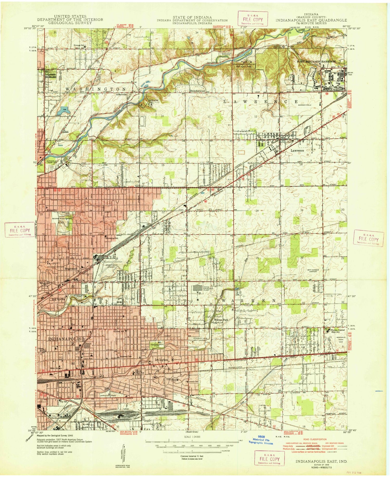 Classic USGS Indianapolis East Indiana 7.5'x7.5' Topo Map Image