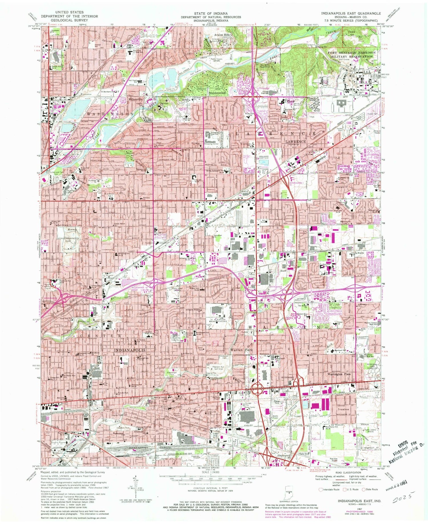 Classic USGS Indianapolis East Indiana 7.5'x7.5' Topo Map Image