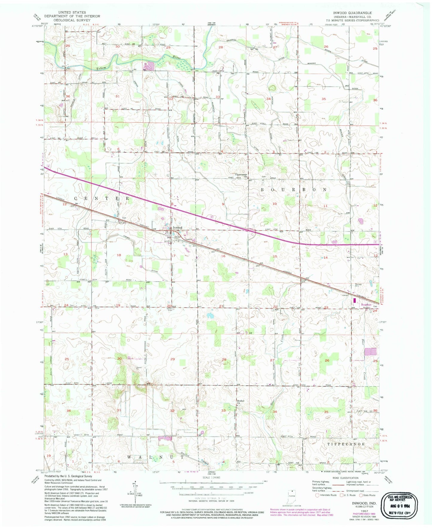 Classic USGS Inwood Indiana 7.5'x7.5' Topo Map Image