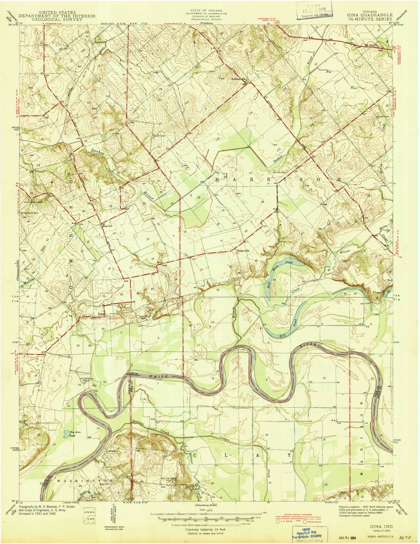 Classic USGS Iona Indiana 7.5'x7.5' Topo Map Image