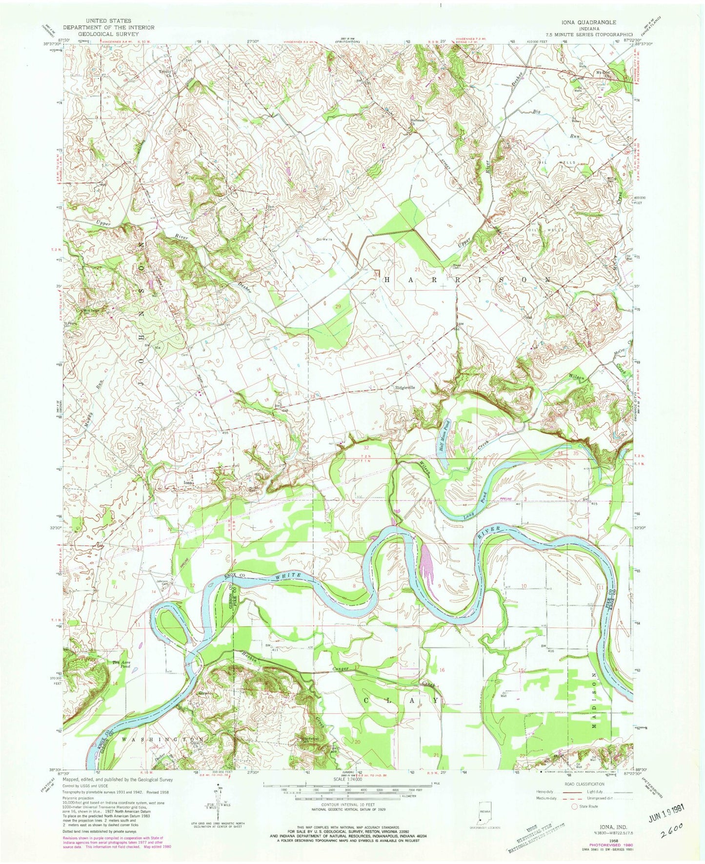 Classic USGS Iona Indiana 7.5'x7.5' Topo Map Image