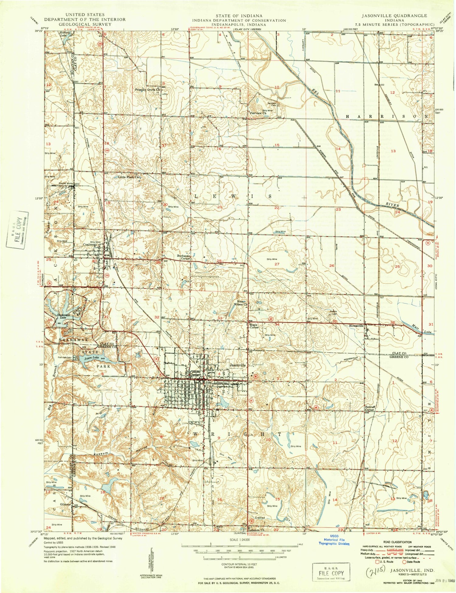 Classic USGS Jasonville Indiana 7.5'x7.5' Topo Map Image