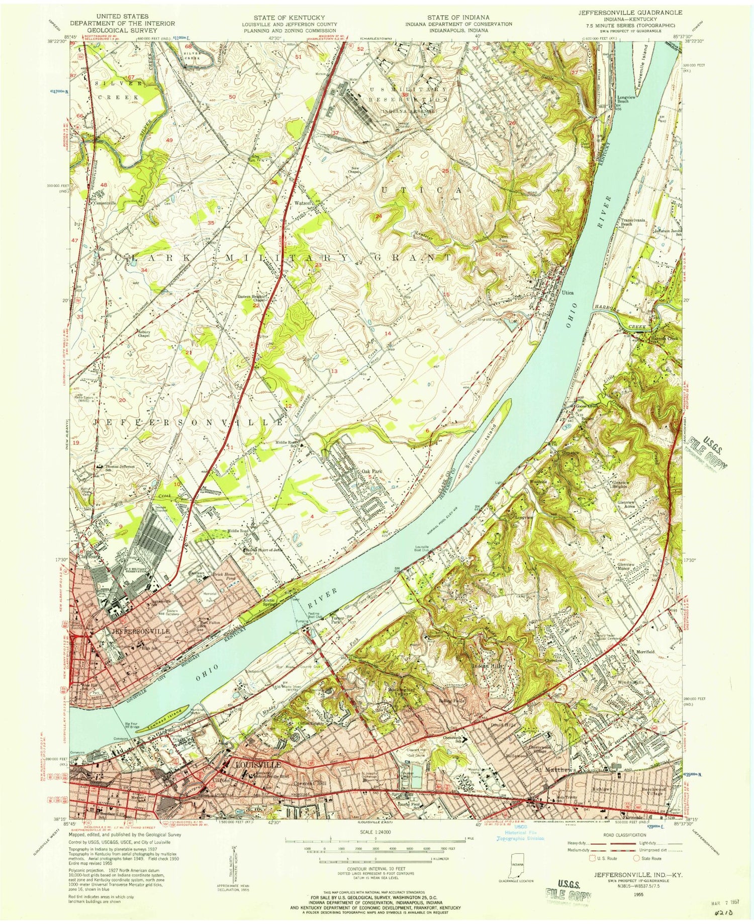 Classic USGS Jeffersonville Indiana 7.5'x7.5' Topo Map Image
