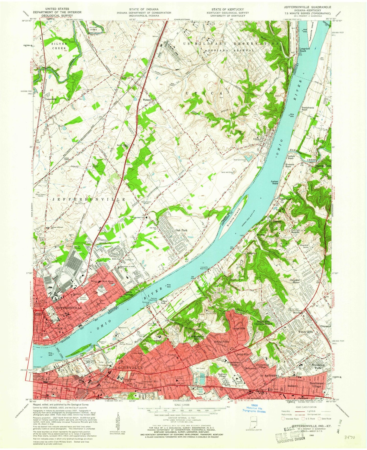 Classic USGS Jeffersonville Indiana 7.5'x7.5' Topo Map Image