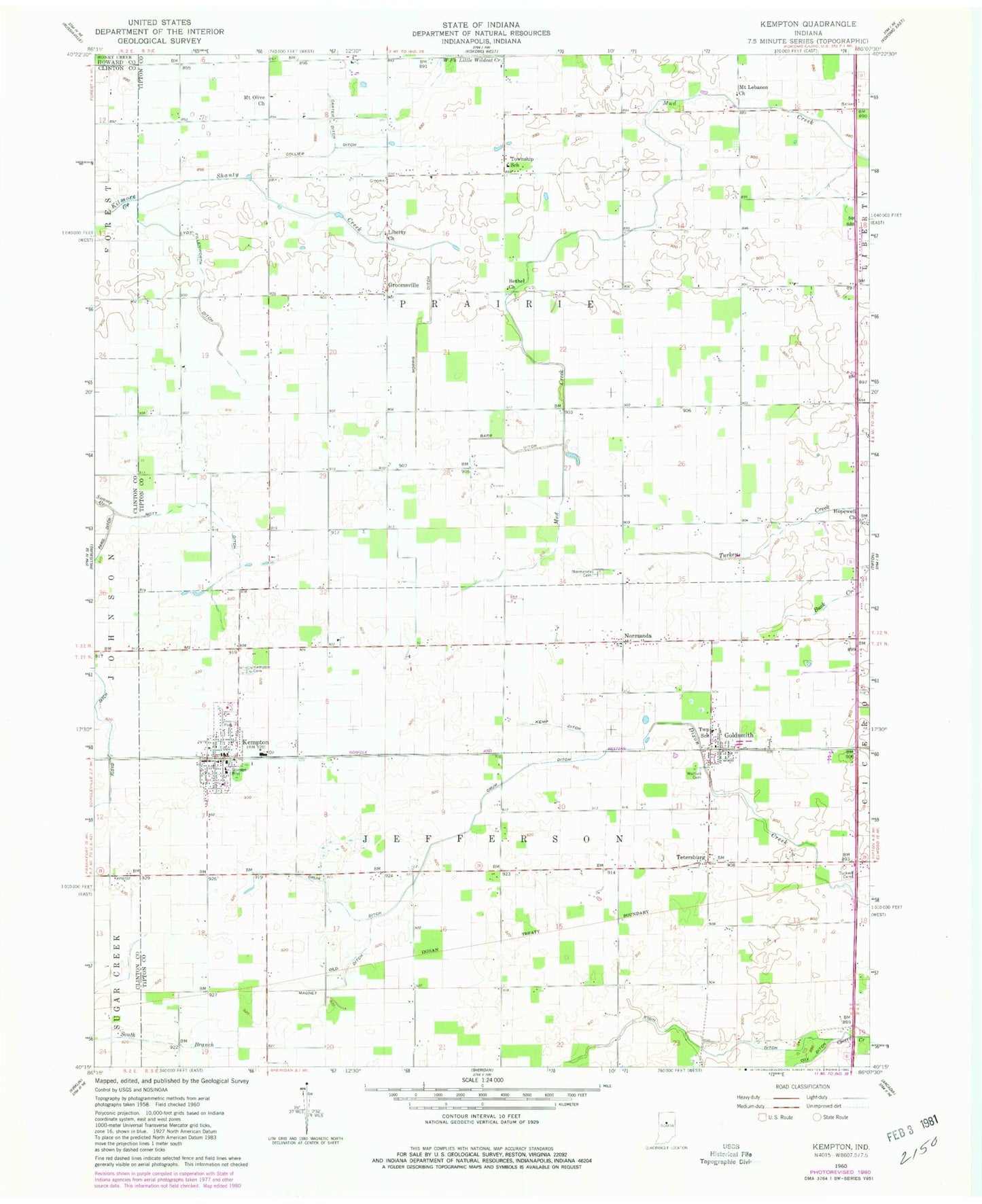 Classic USGS Kempton Indiana 7.5'x7.5' Topo Map Image
