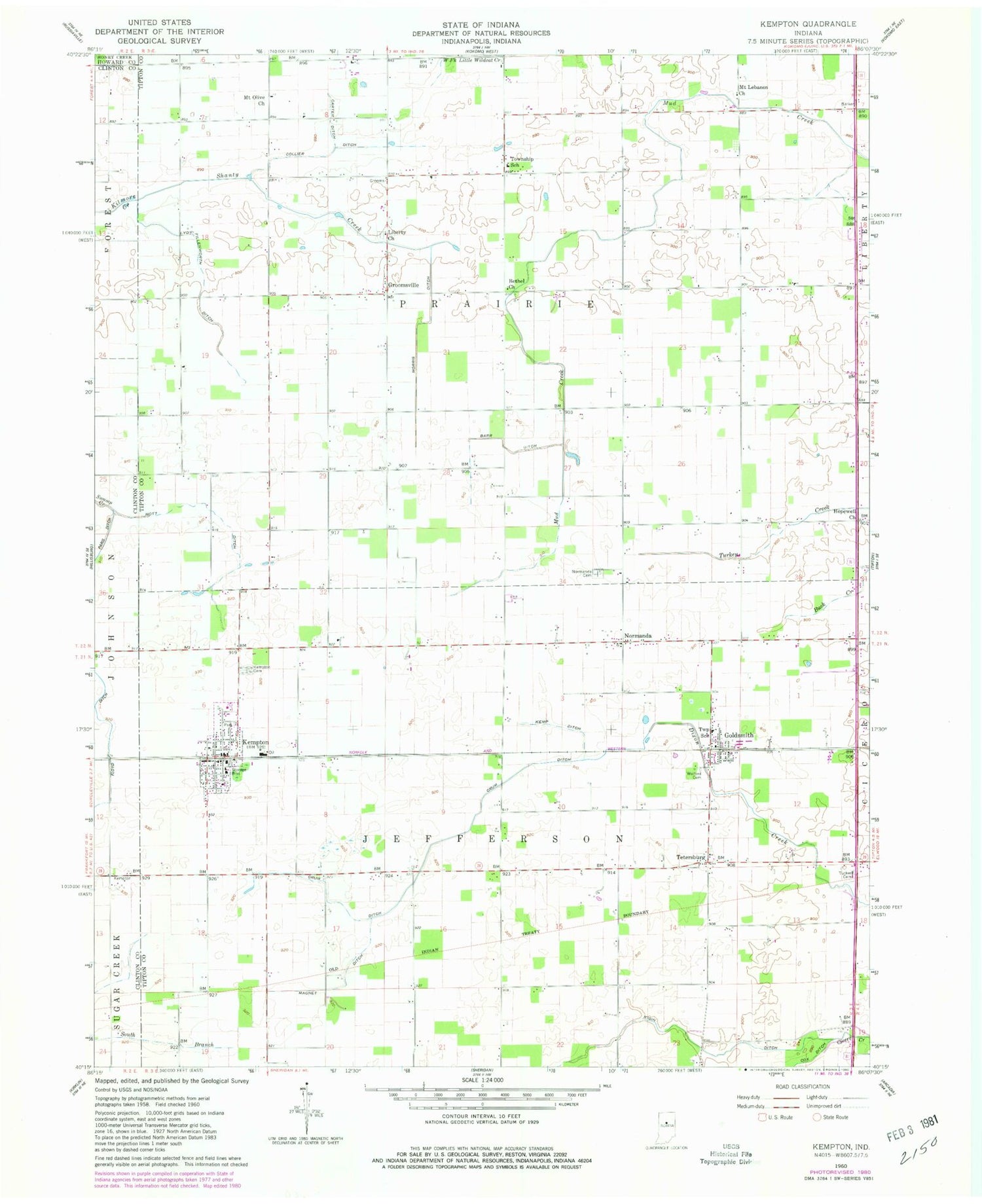 Classic USGS Kempton Indiana 7.5'x7.5' Topo Map Image