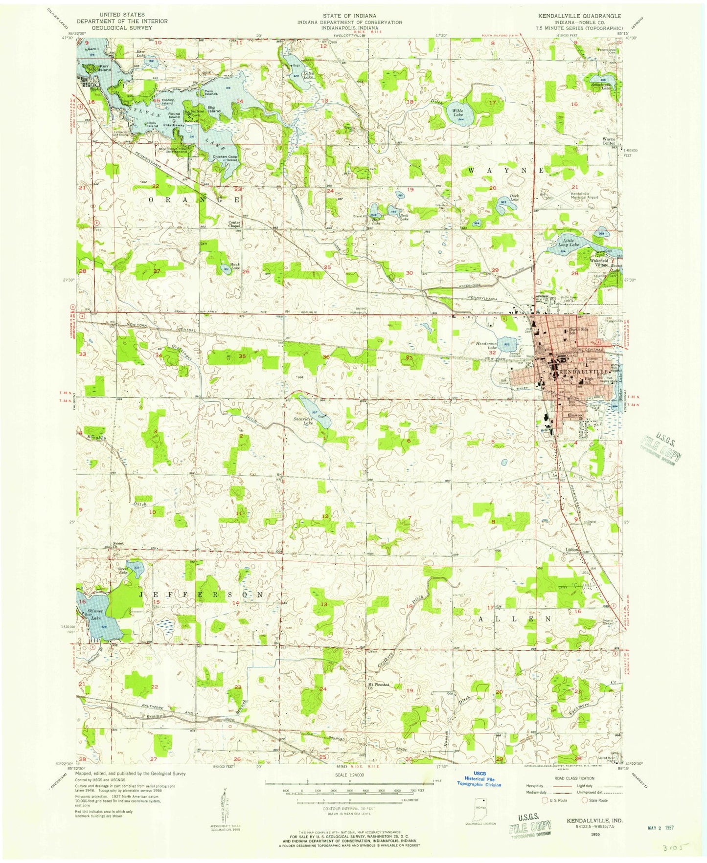 Classic USGS Kendallville Indiana 7.5'x7.5' Topo Map Image