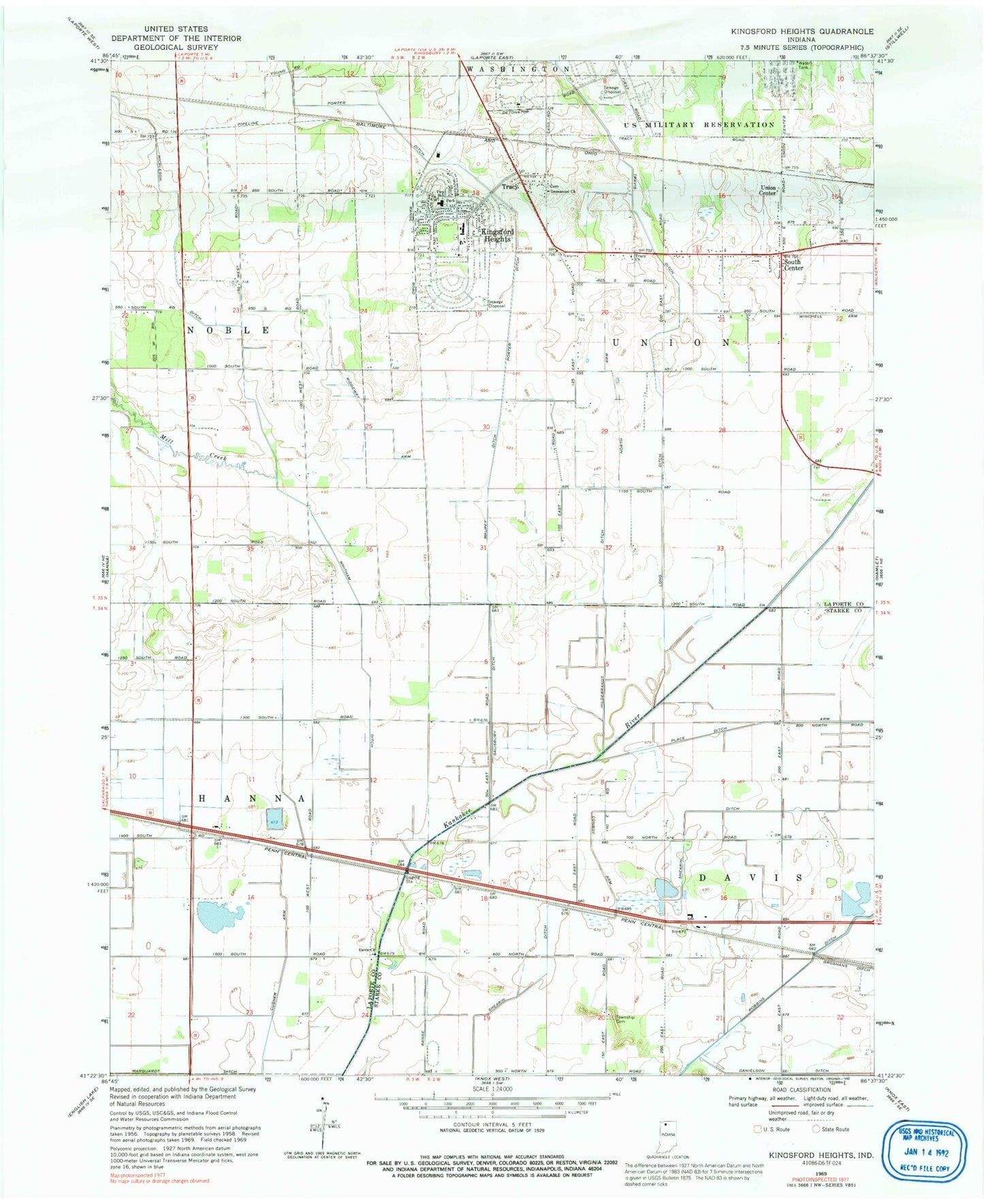 Classic USGS Kingsford Heights Indiana 7.5'x7.5' Topo Map Image