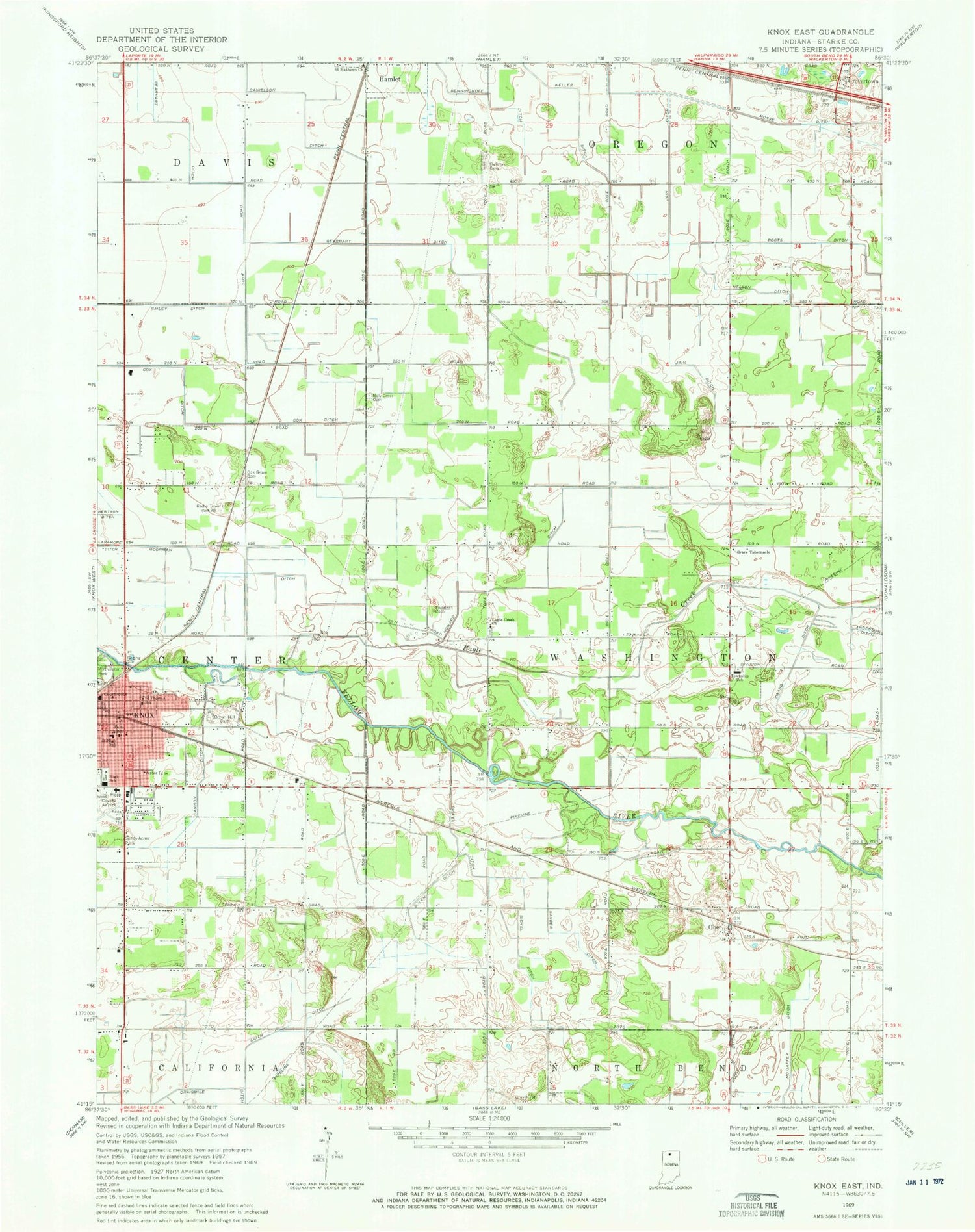 Classic USGS Knox East Indiana 7.5'x7.5' Topo Map Image