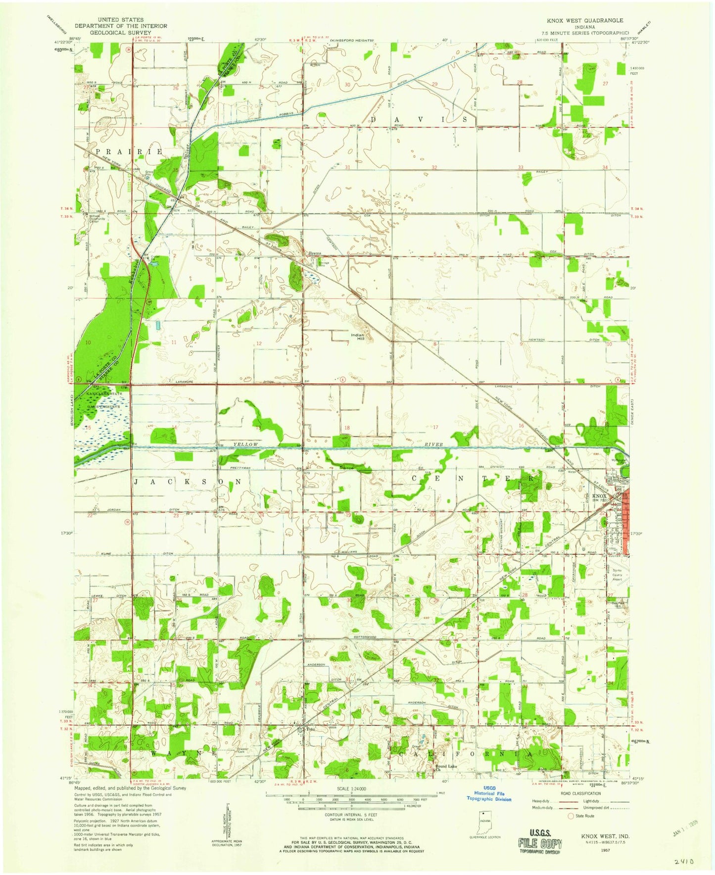 Classic USGS Knox West Indiana 7.5'x7.5' Topo Map Image