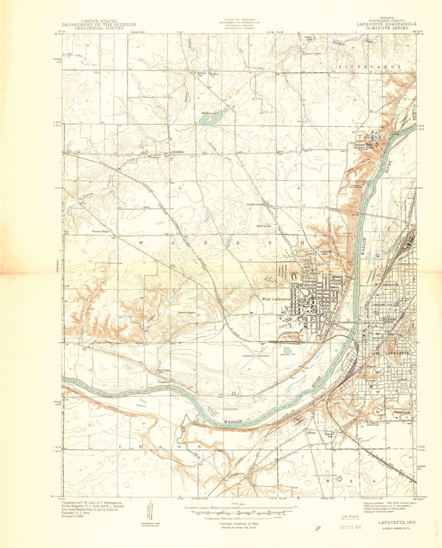 Classic USGS Lafayette West Indiana 7.5'x7.5' Topo Map Image
