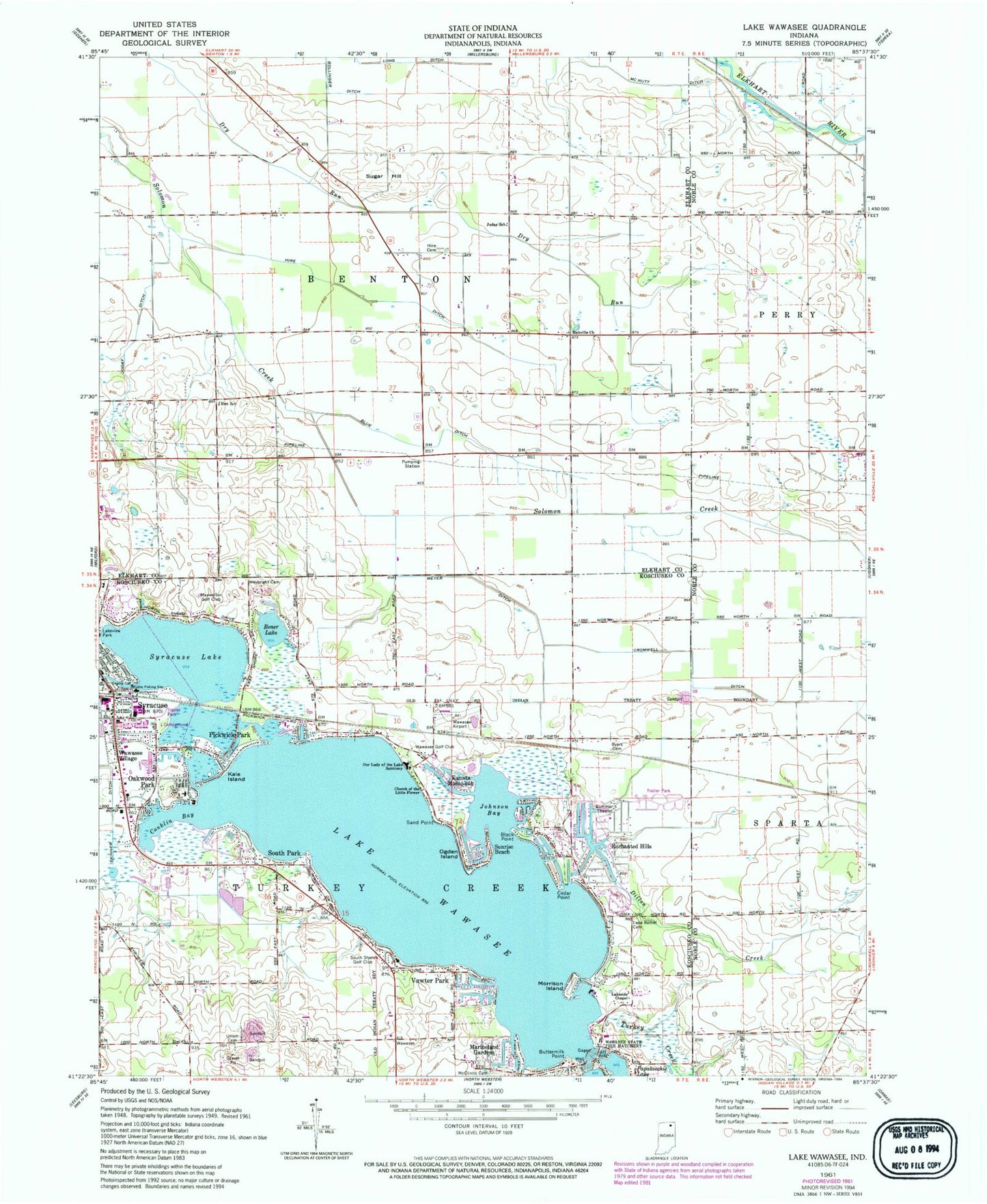 Classic USGS Lake Wawasee Indiana 7.5'x7.5' Topo Map Image