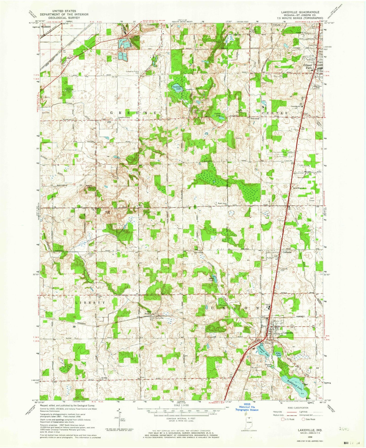 Classic USGS Lakeville Indiana 7.5'x7.5' Topo Map Image