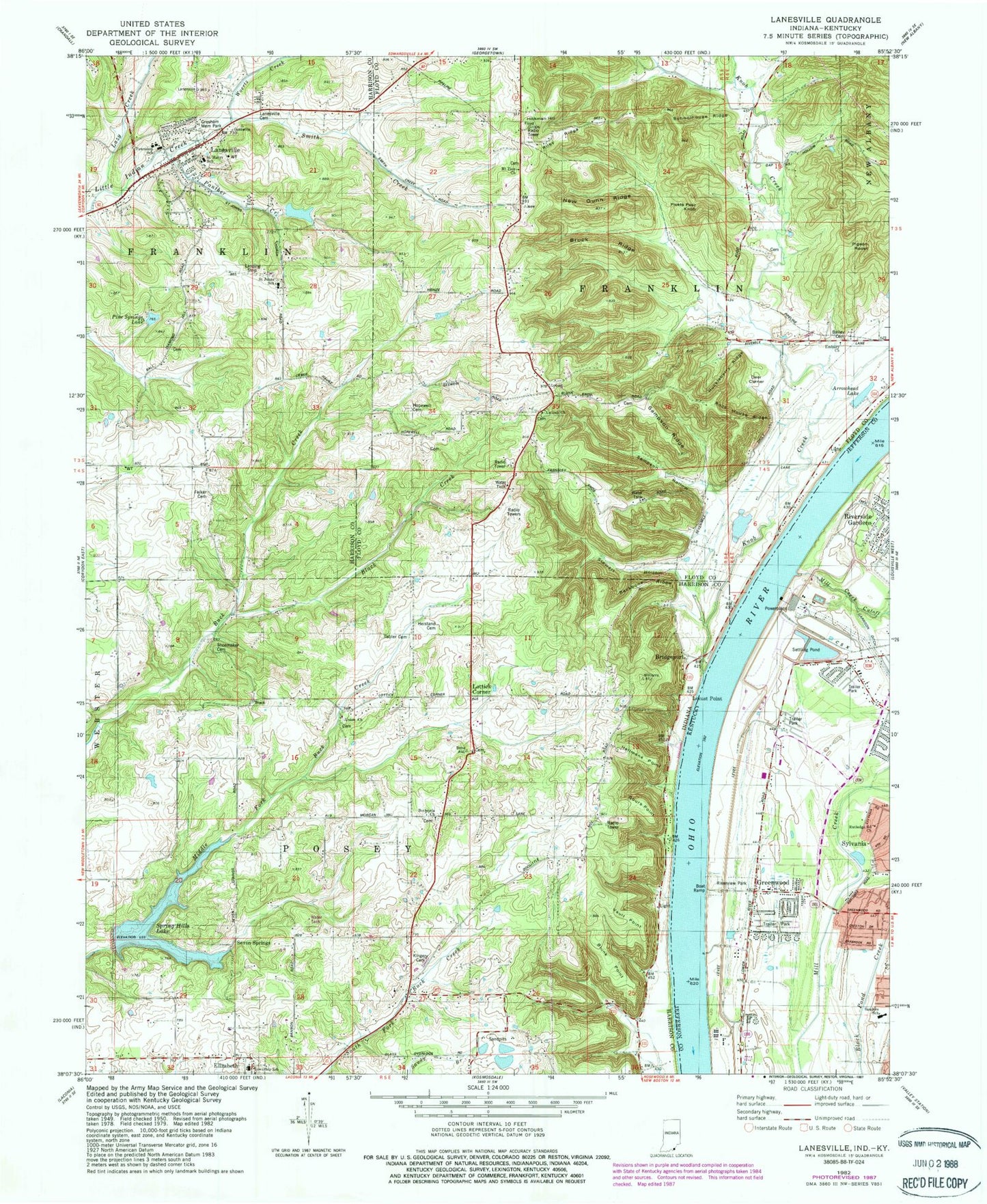 Classic USGS Lanesville Indiana 7.5'x7.5' Topo Map Image