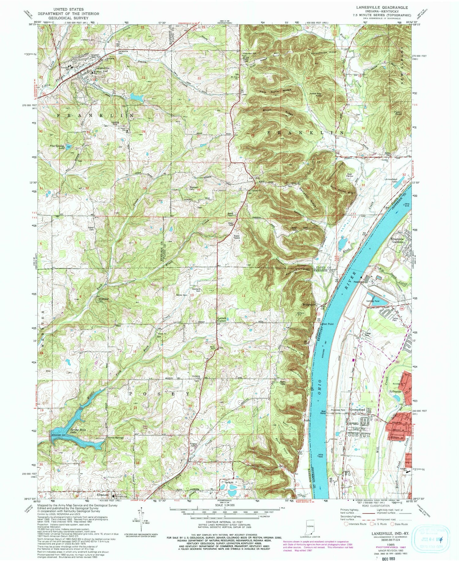 Classic USGS Lanesville Indiana 7.5'x7.5' Topo Map Image