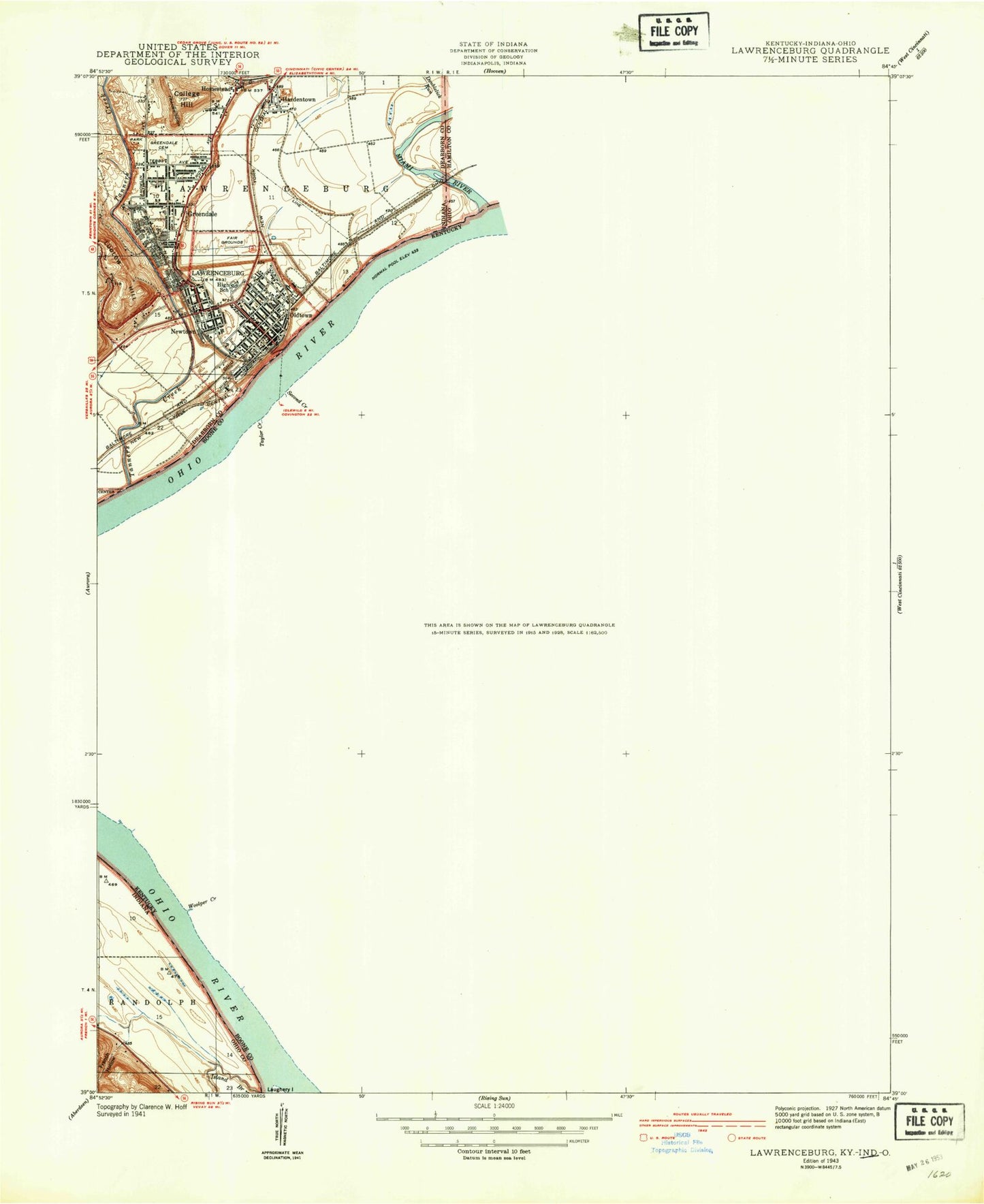 Classic USGS Lawrenceburg Indiana 7.5'x7.5' Topo Map Image