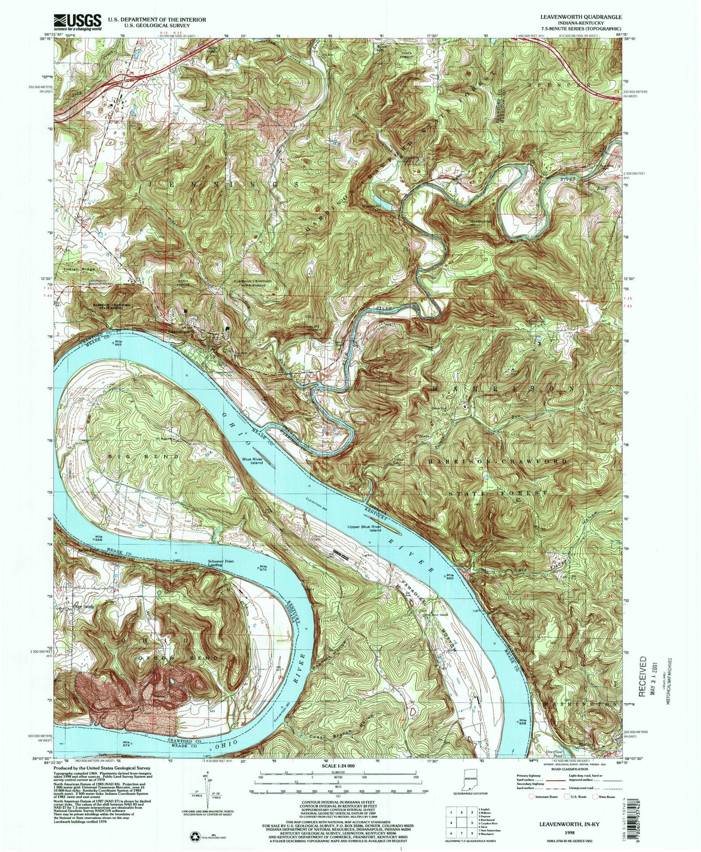 Classic USGS Leavenworth Indiana 7.5'x7.5' Topo Map Image