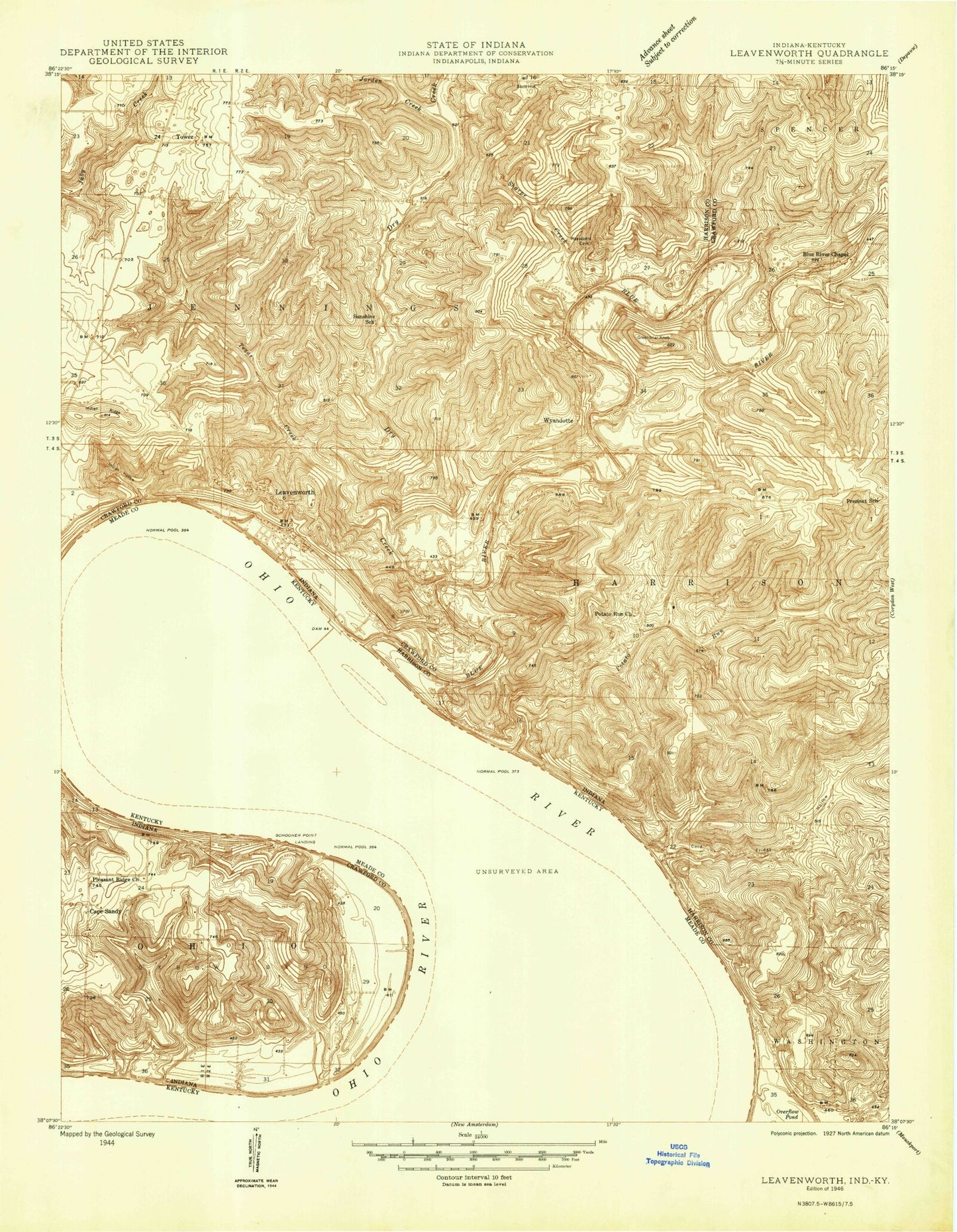 Classic USGS Leavenworth Indiana 7.5'x7.5' Topo Map Image