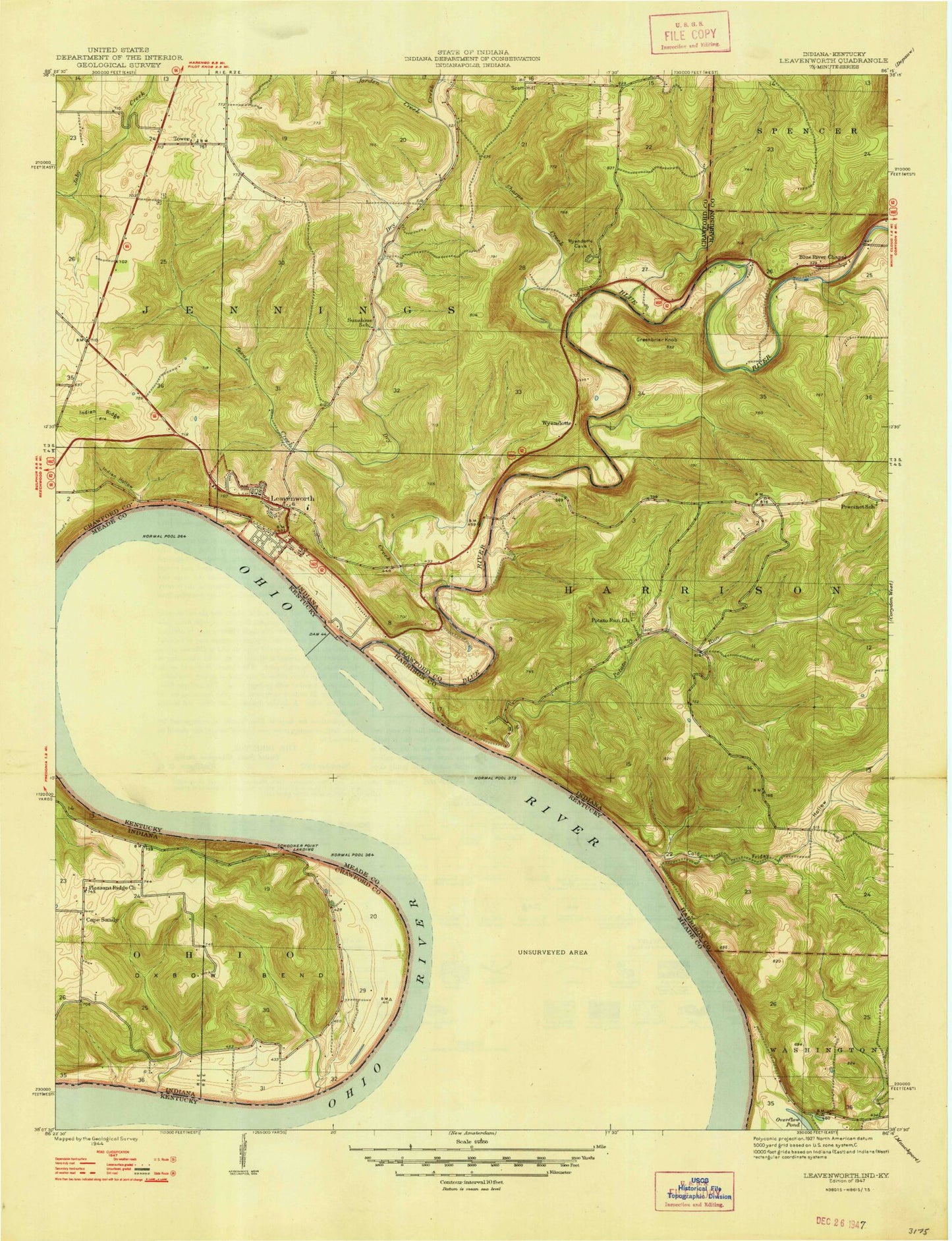 Classic USGS Leavenworth Indiana 7.5'x7.5' Topo Map Image