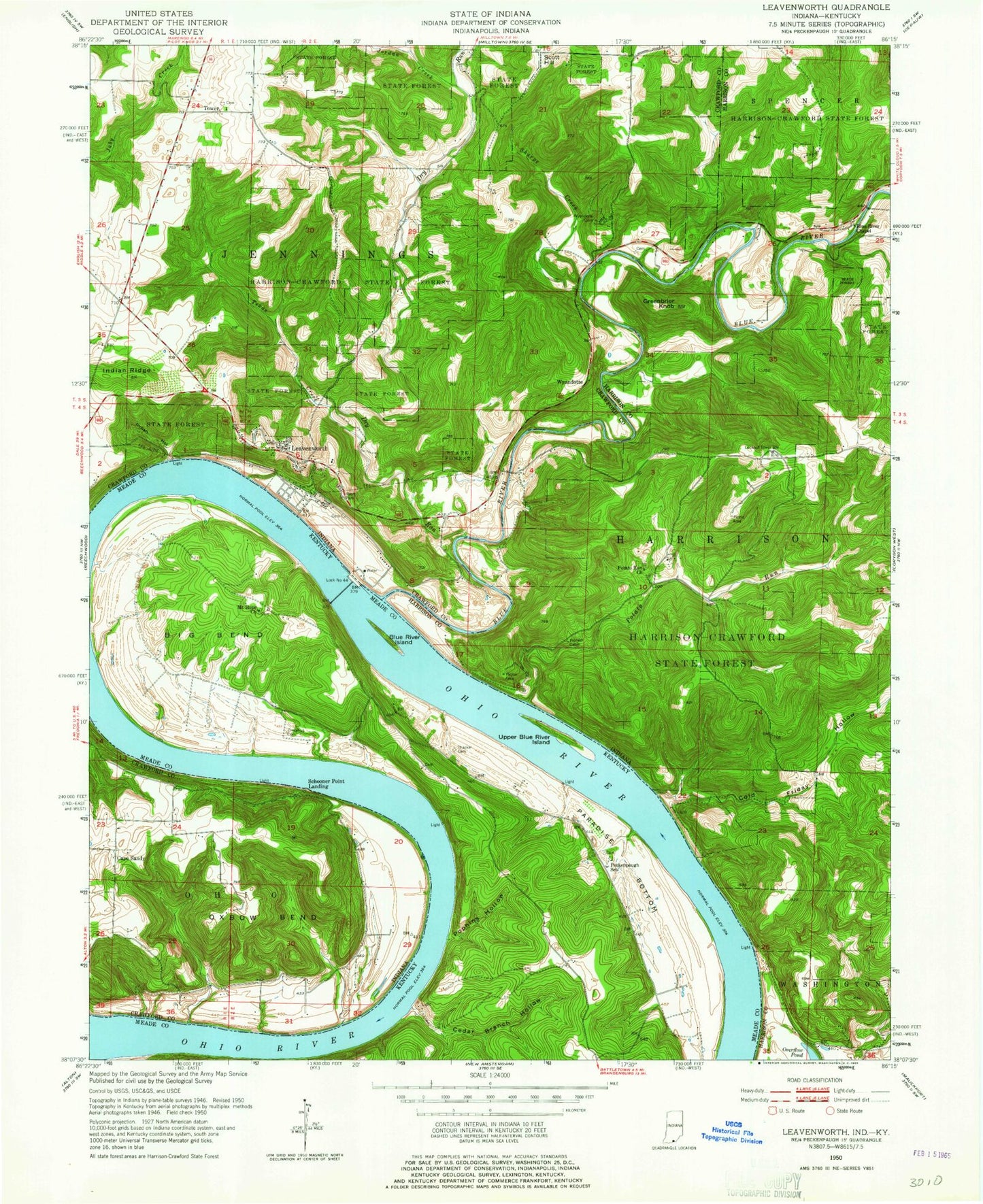 Classic USGS Leavenworth Indiana 7.5'x7.5' Topo Map Image