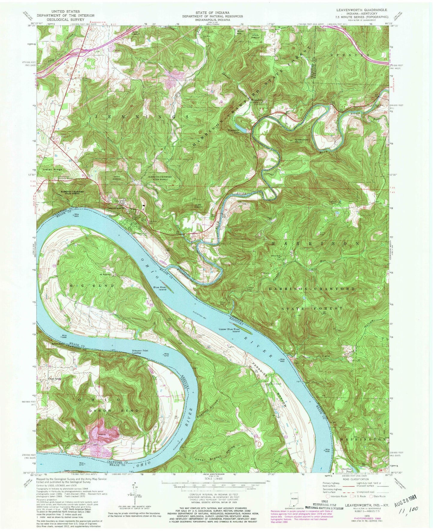 Classic USGS Leavenworth Indiana 7.5'x7.5' Topo Map Image