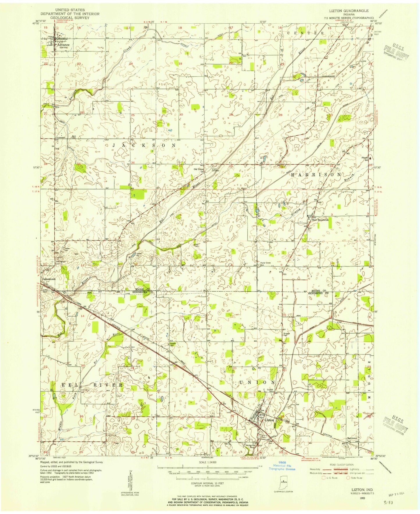 Classic USGS Lizton Indiana 7.5'x7.5' Topo Map Image