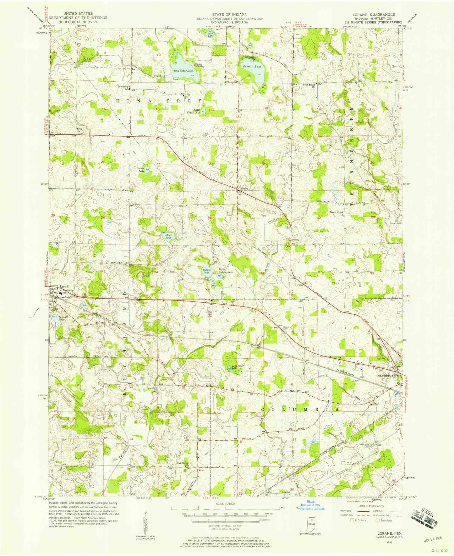 Classic USGS Lorane Indiana 7.5'x7.5' Topo Map Image