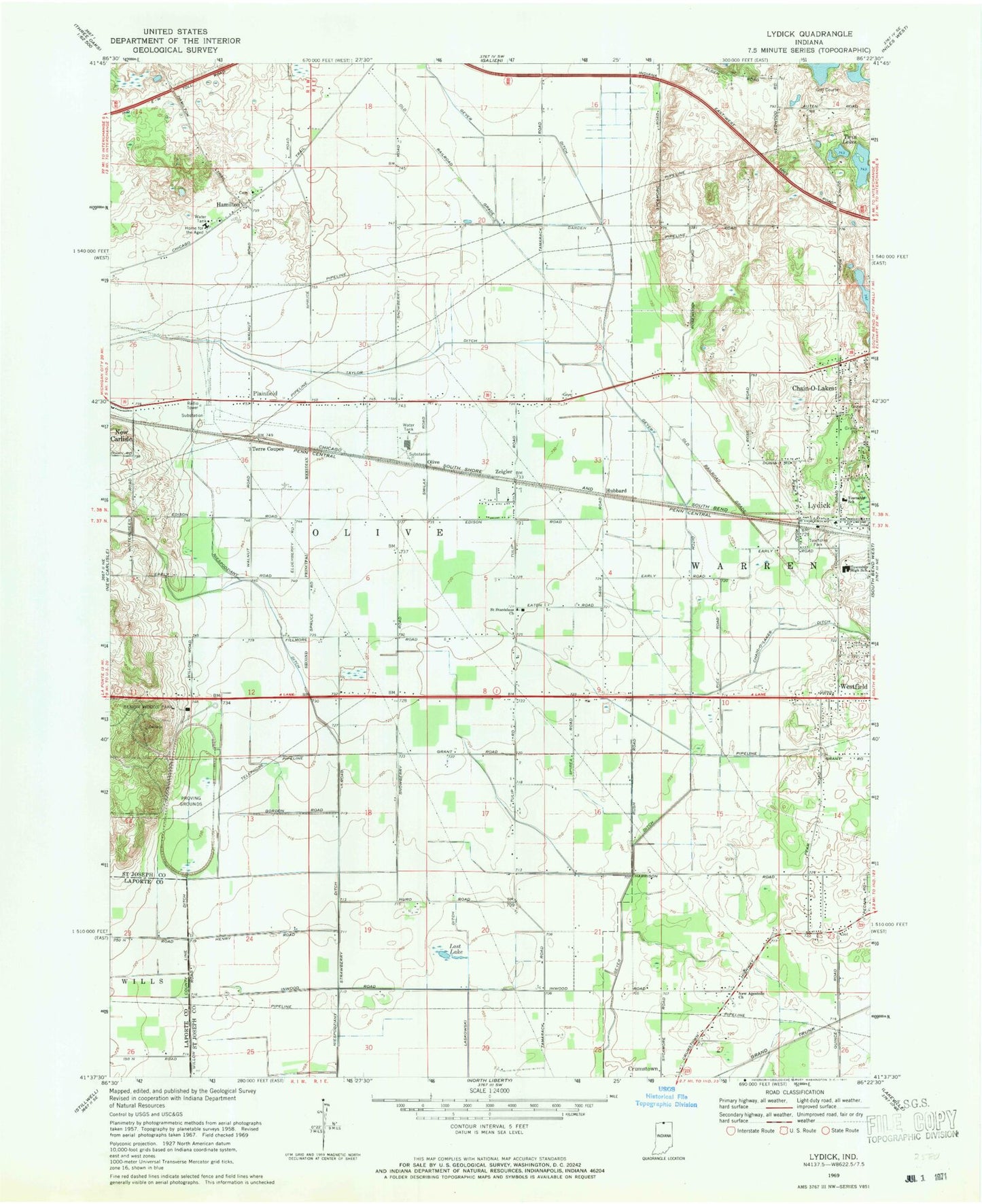 Classic USGS Lydick Indiana 7.5'x7.5' Topo Map Image