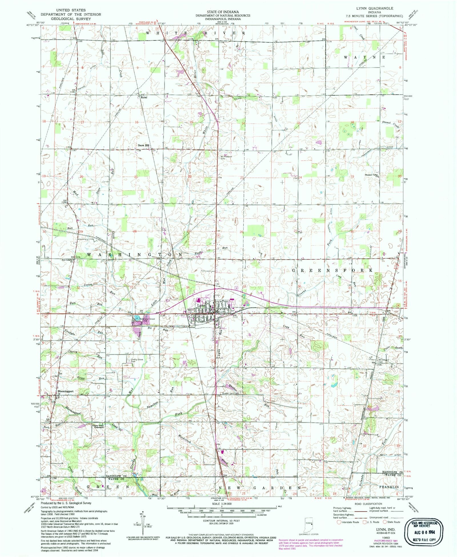 Classic USGS Lynn Indiana 7.5'x7.5' Topo Map – MyTopo Map Store