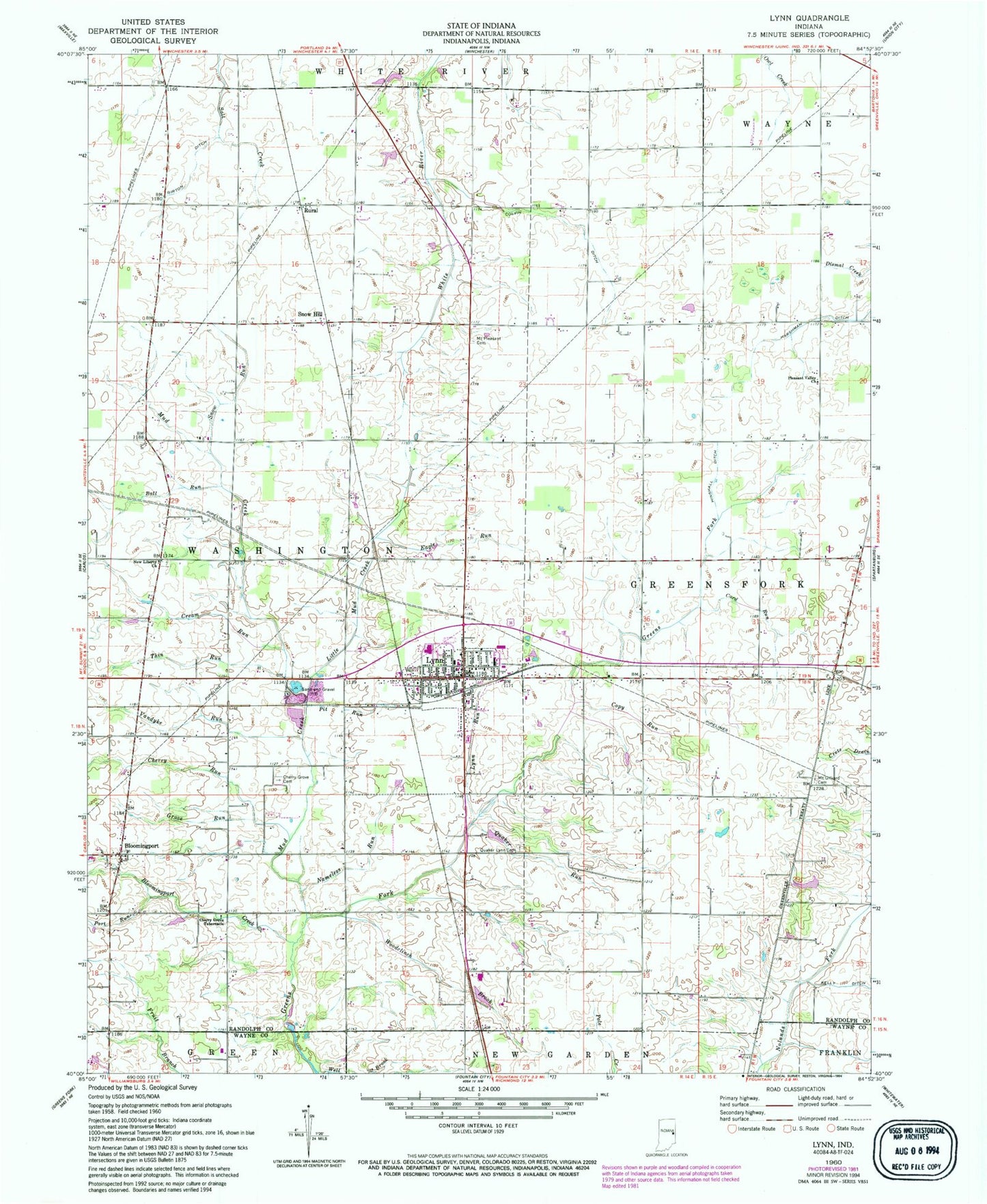 Classic USGS Lynn Indiana 7.5'x7.5' Topo Map Image
