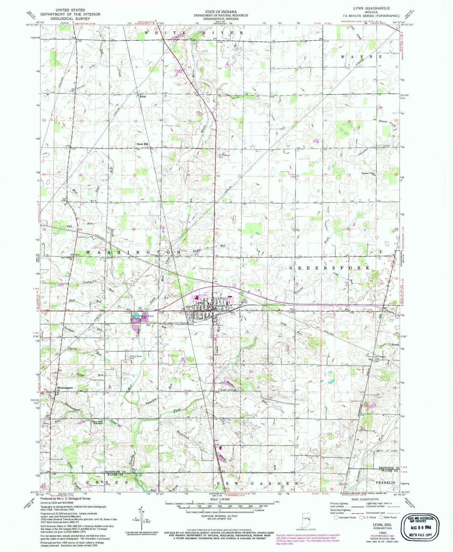Classic USGS Lynn Indiana 7.5'x7.5' Topo Map Image