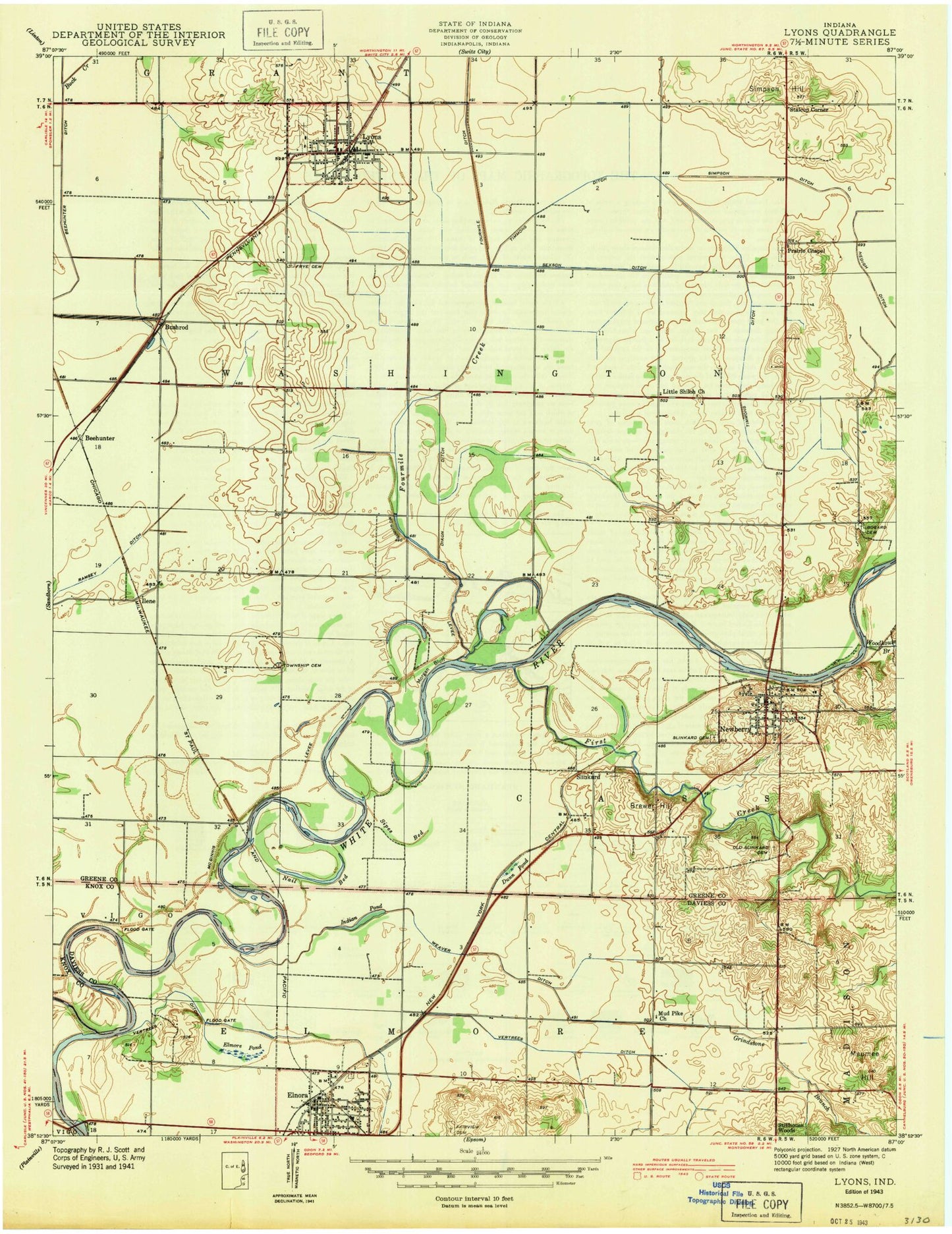 Classic USGS Lyons Indiana 7.5'x7.5' Topo Map Image